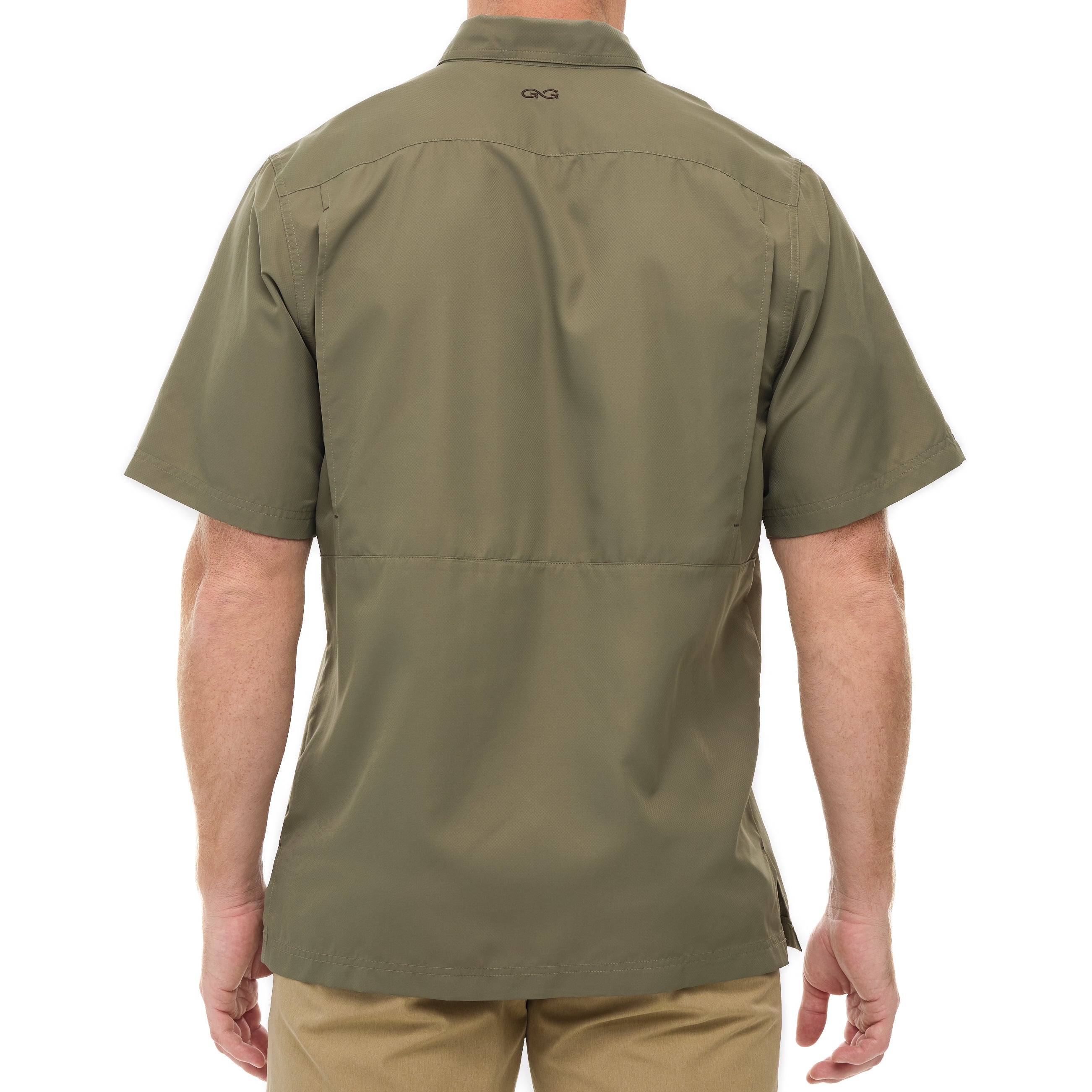 Olive green short-sleeve shirt worn by a person on a white background