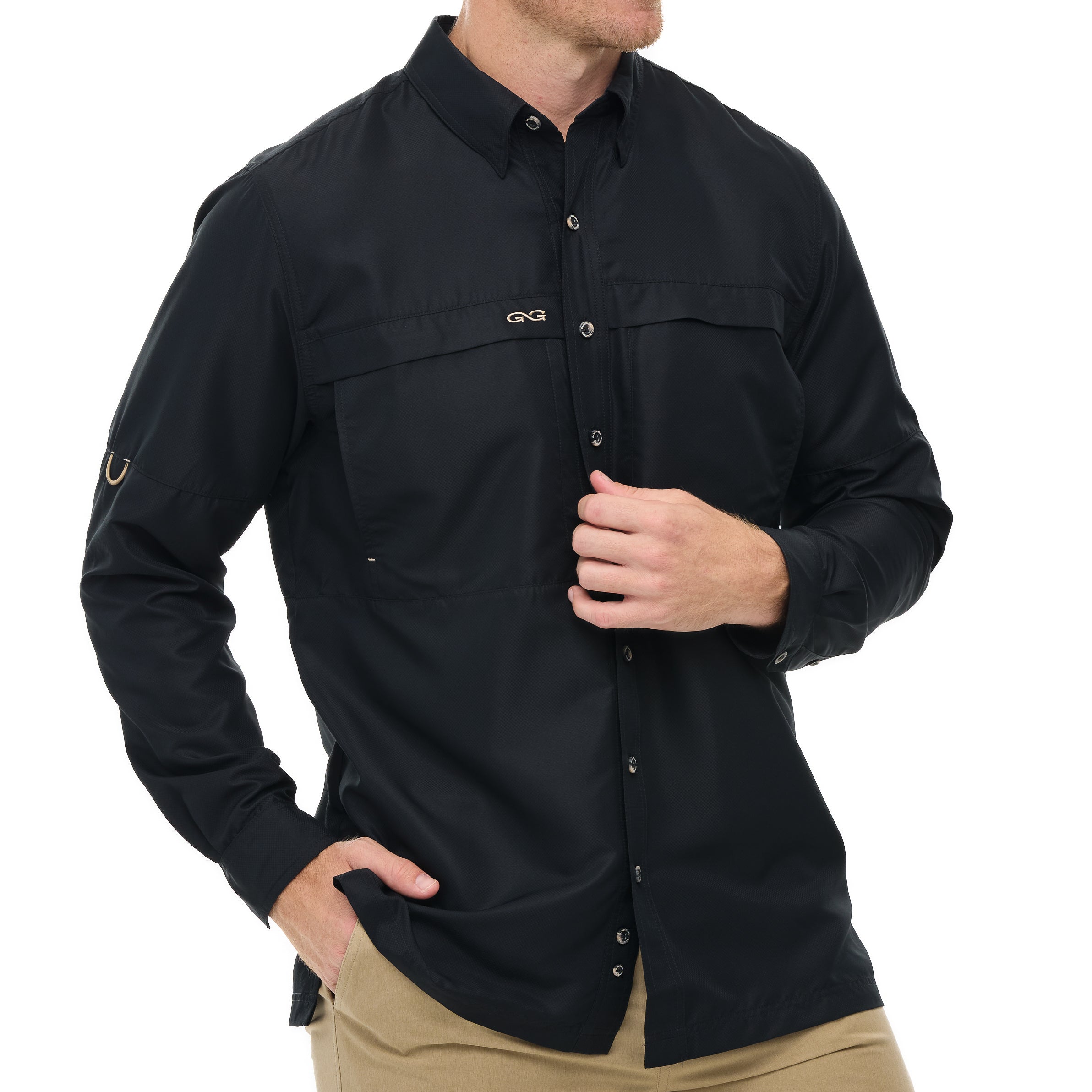 Black long-sleeve shirt with button details on a white background