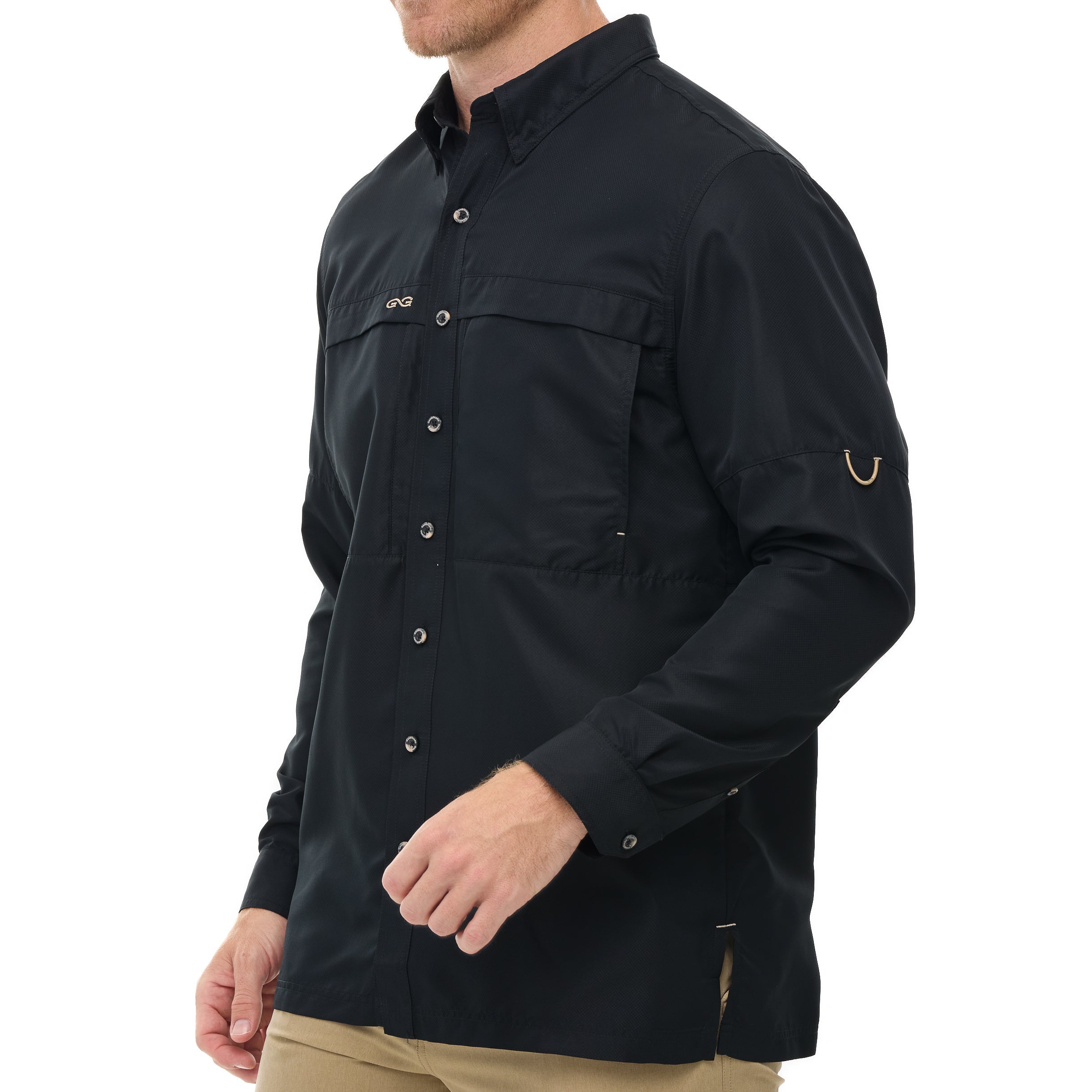 Black long-sleeve shirt worn by a person on a white background