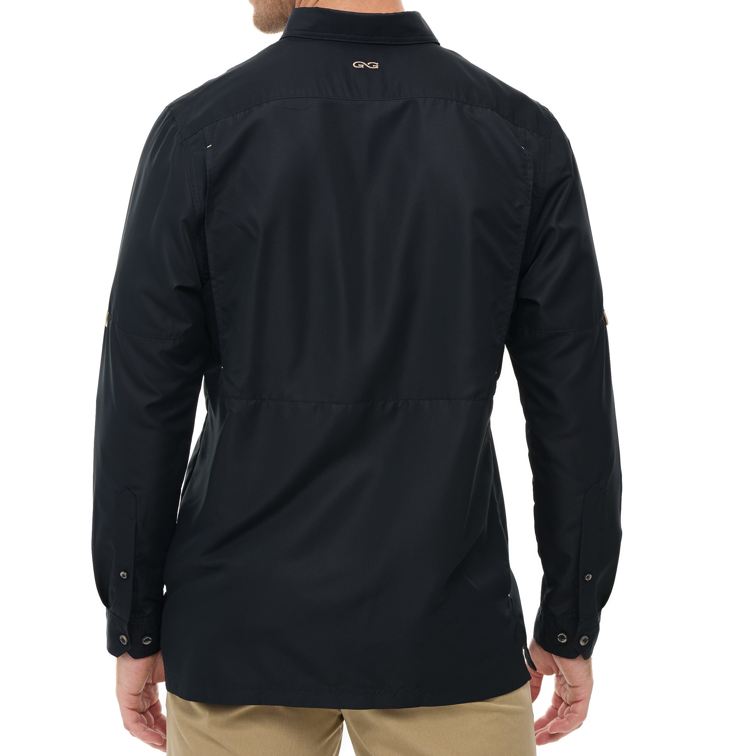 Black long-sleeve shirt worn by a person on a white background
