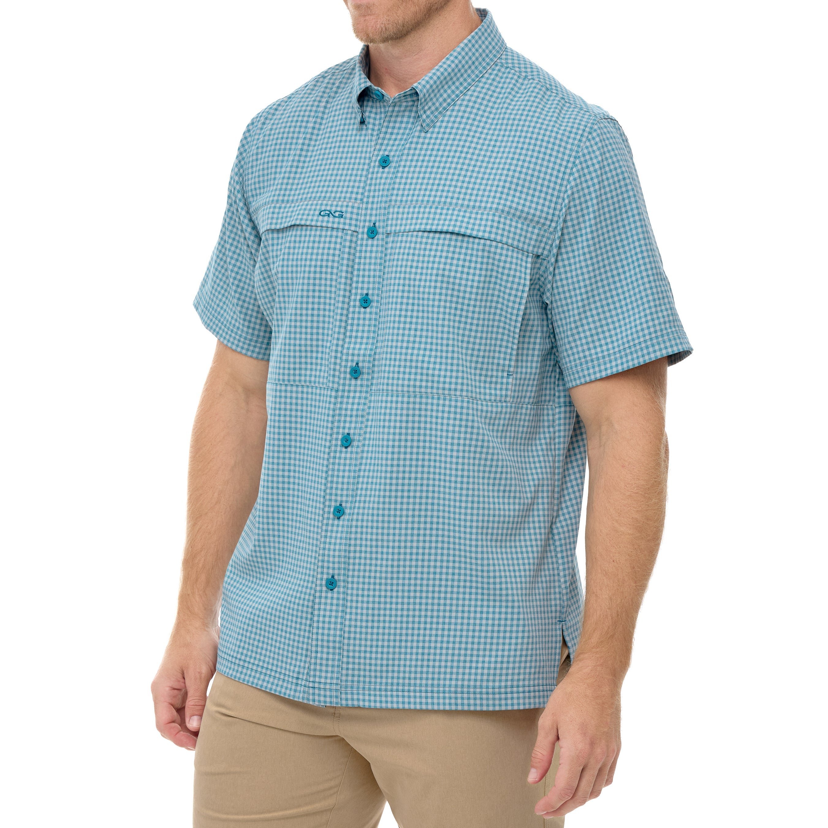 Man wearing a blue checkered shirt on a white background