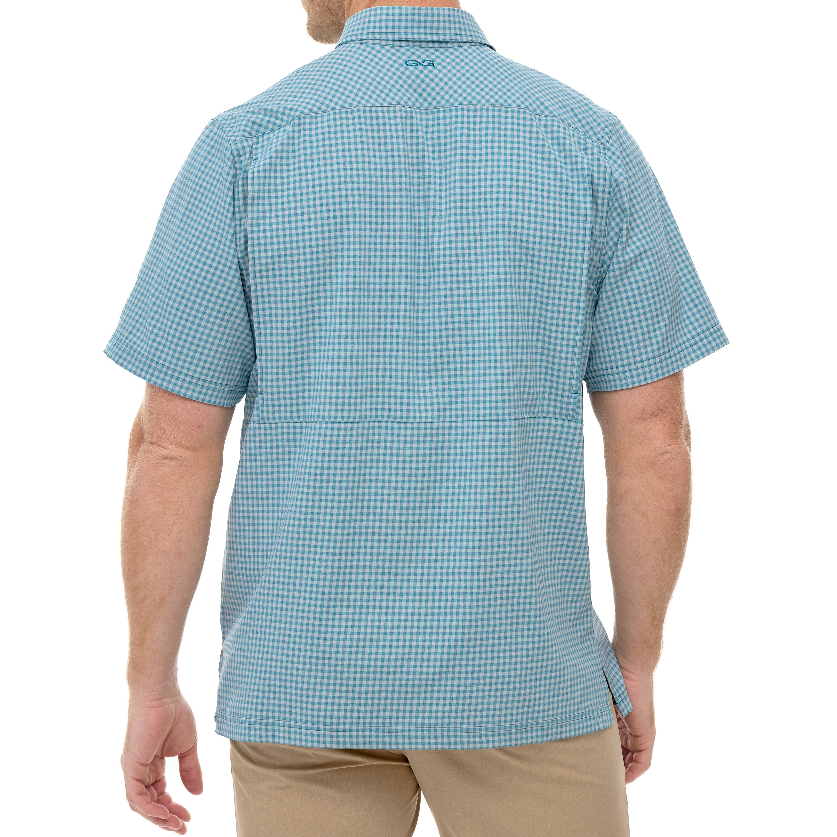 Back view of a person wearing a blue checkered shirt on a white background