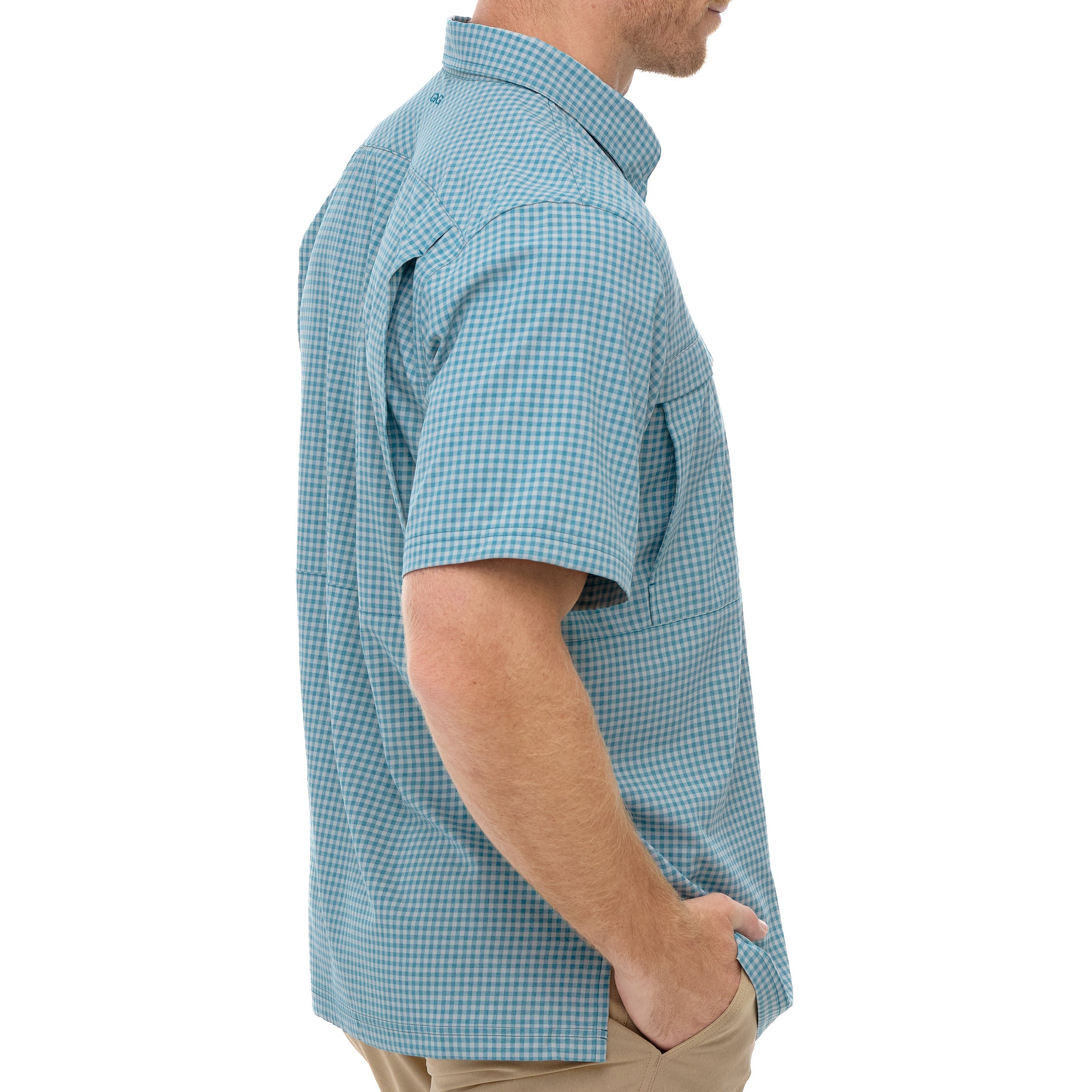 Man wearing a blue checkered shirt on a white background
