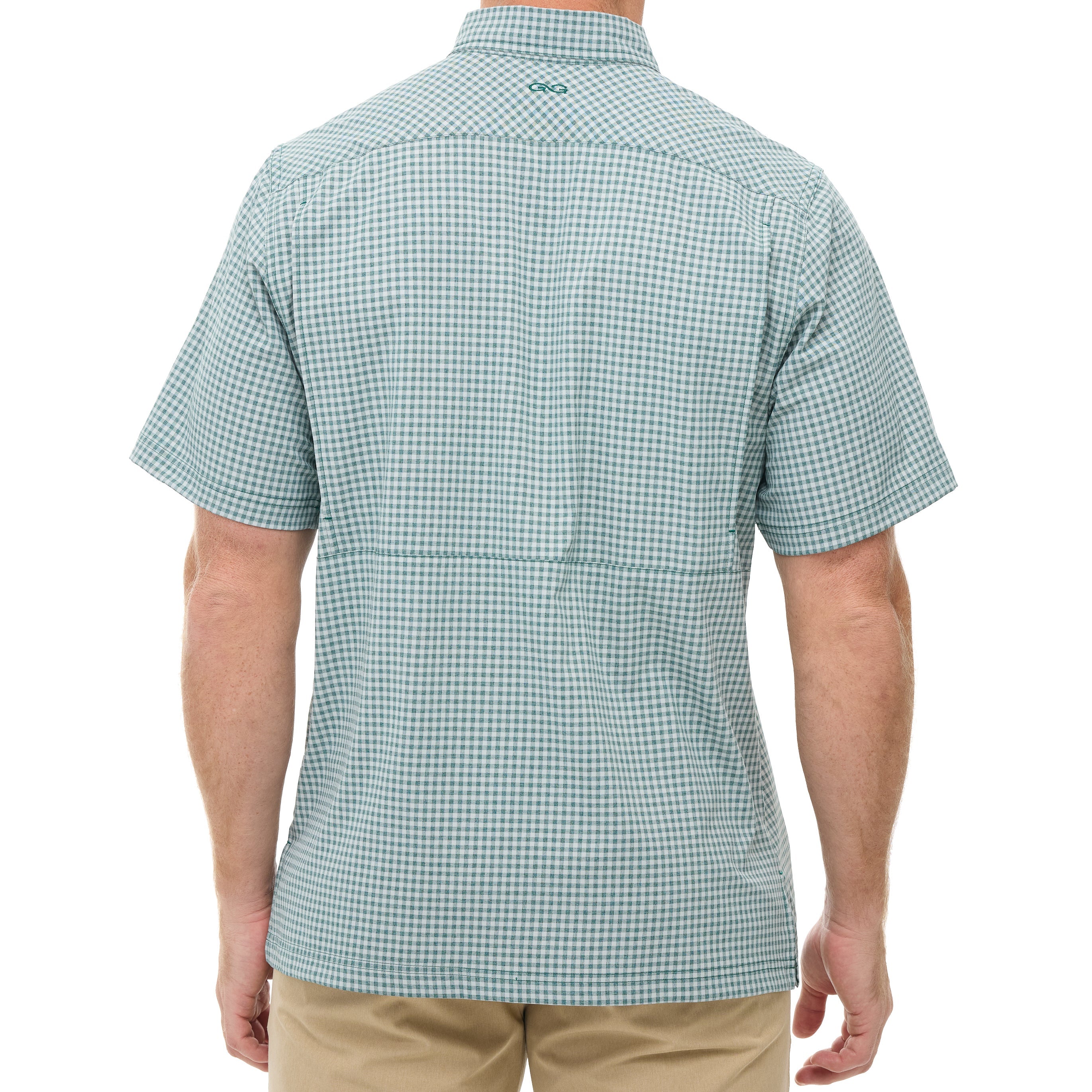 Green checkered short-sleeve shirt on a white background