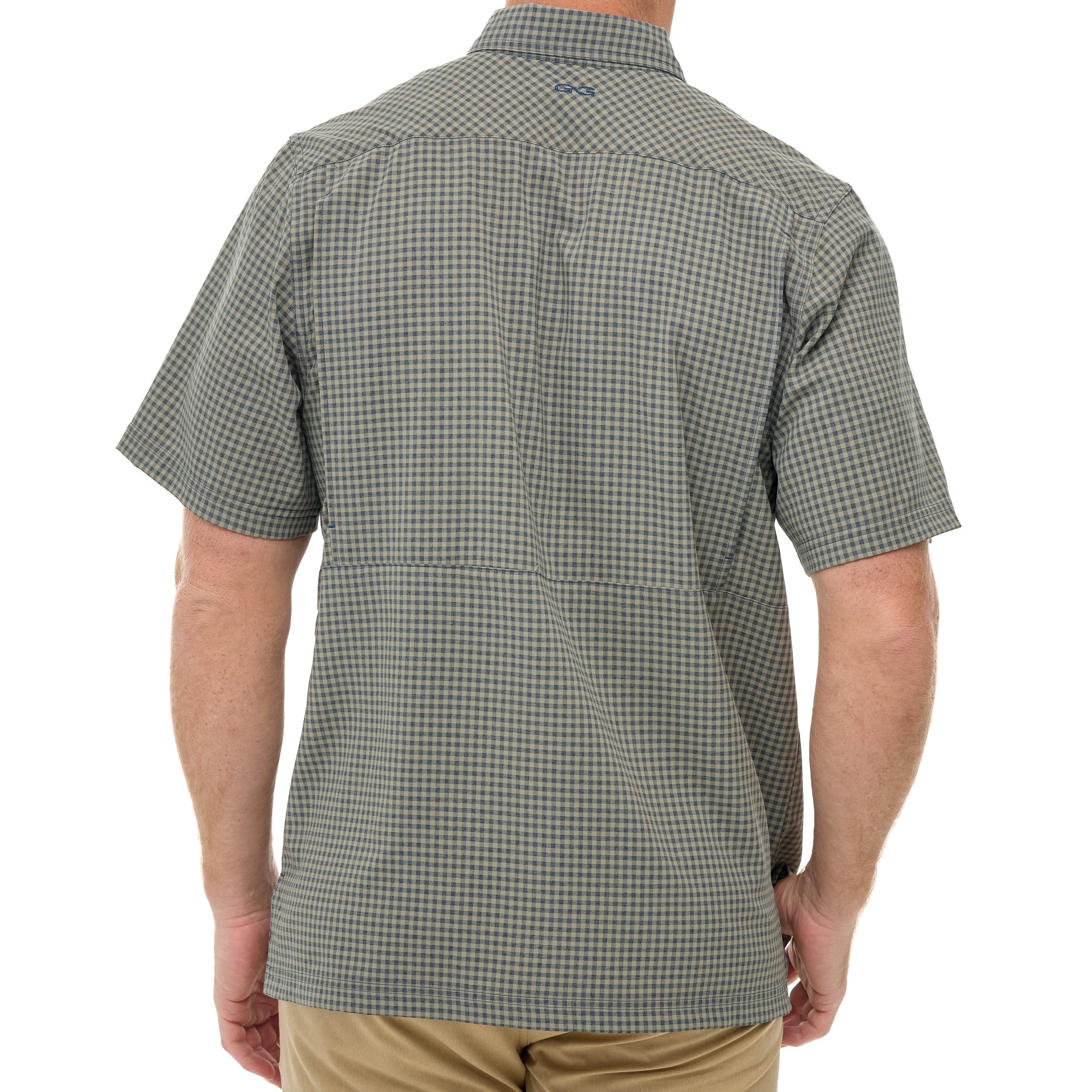 Green checkered short-sleeve shirt worn by a person on a white background