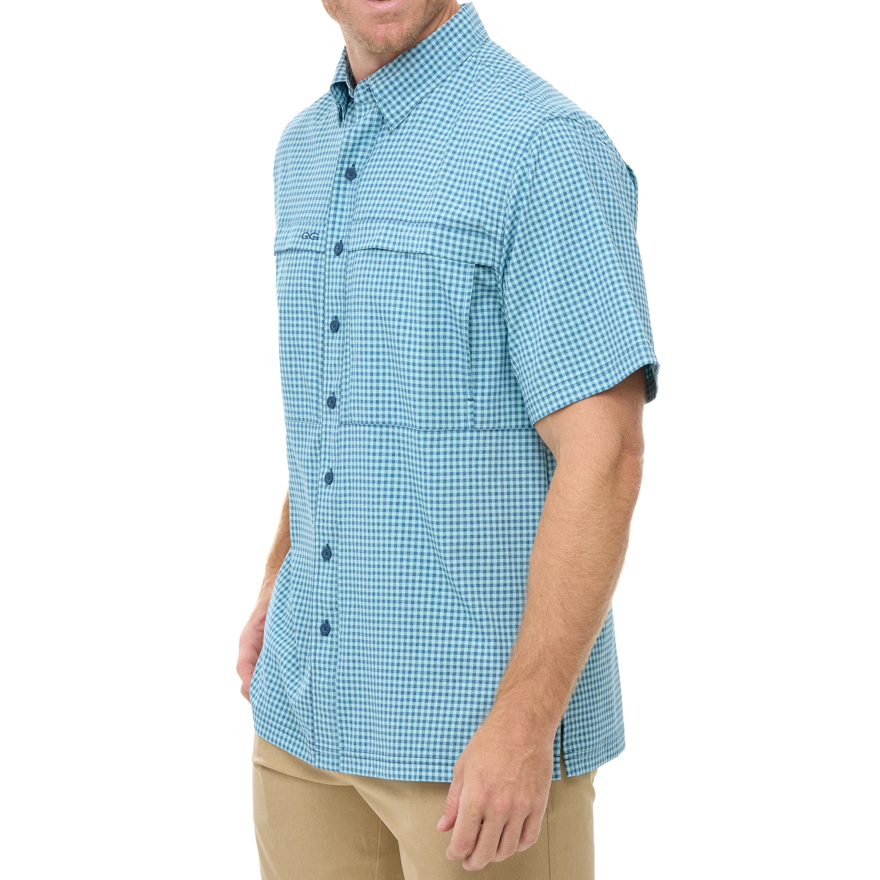 Man wearing a blue checkered short-sleeve shirt on a white background