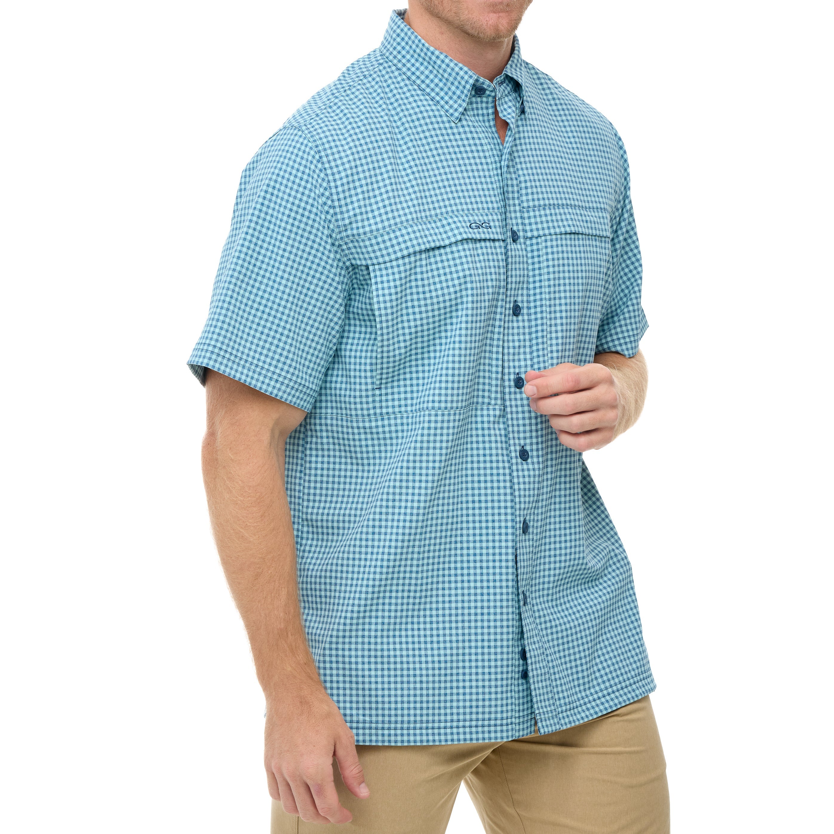 Man wearing a blue checkered shirt on a white background