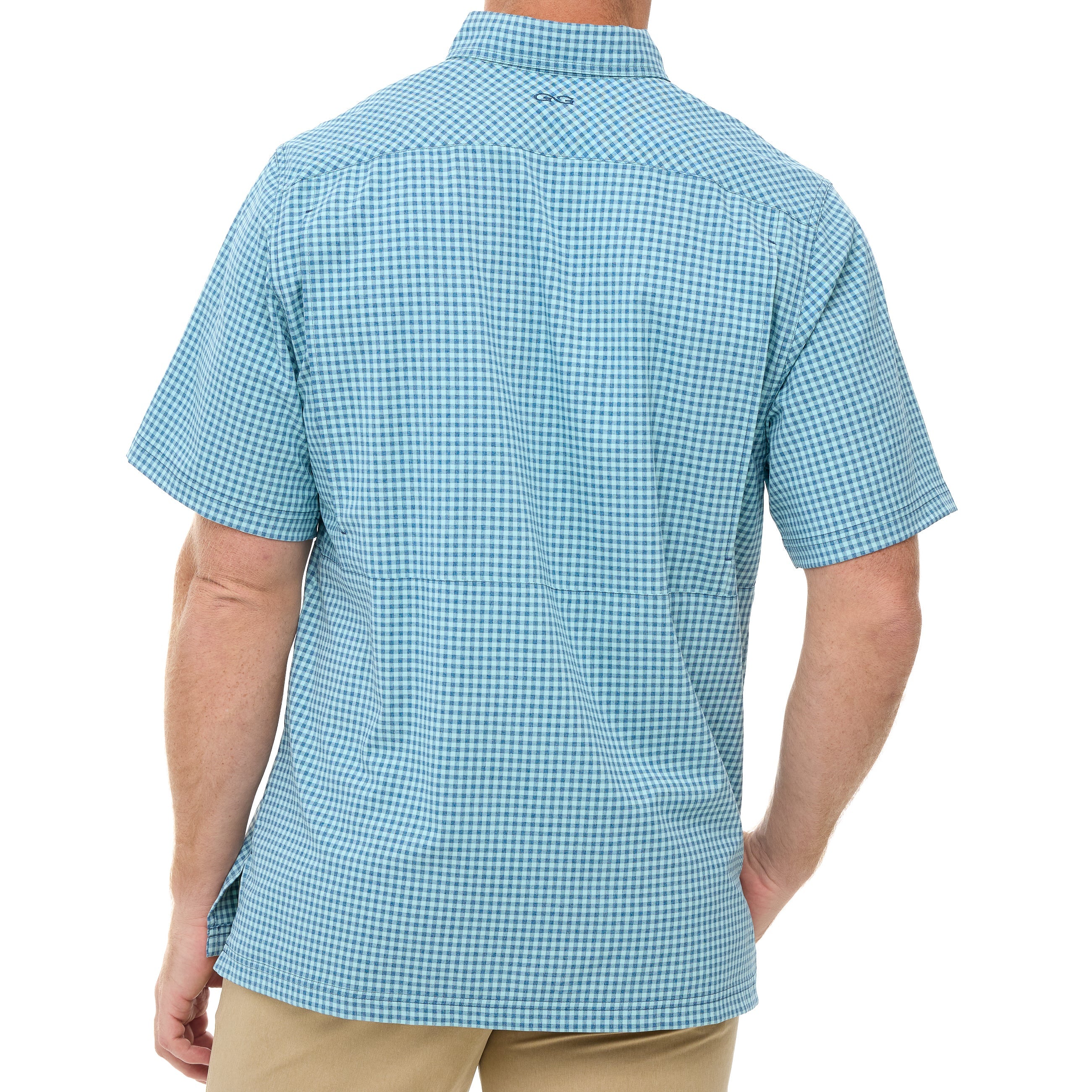 Back view of a person wearing a blue checkered shirt on a white background