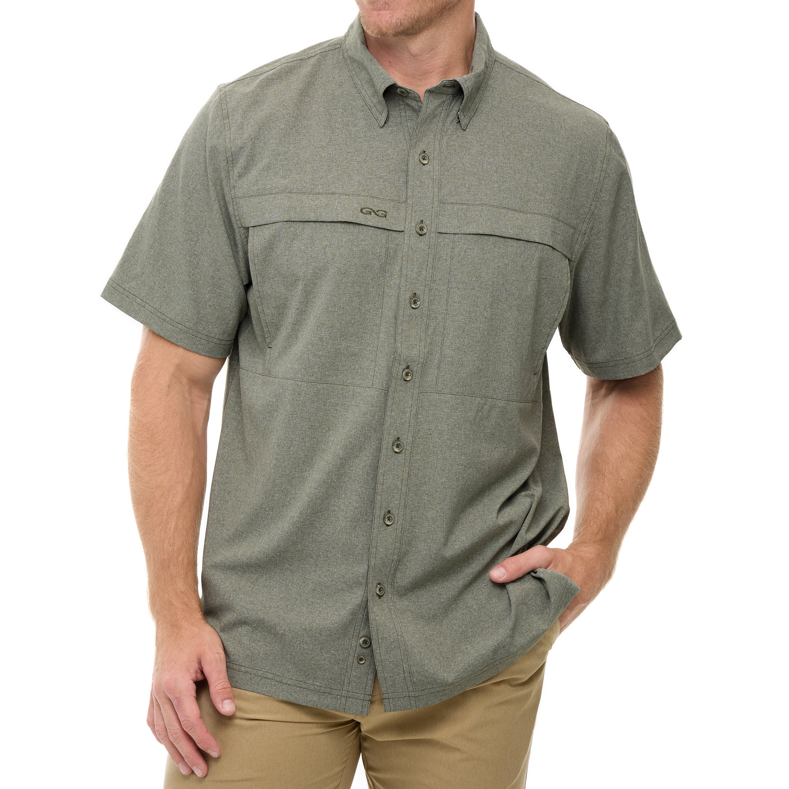 Man wearing a green short-sleeve shirt on a white background