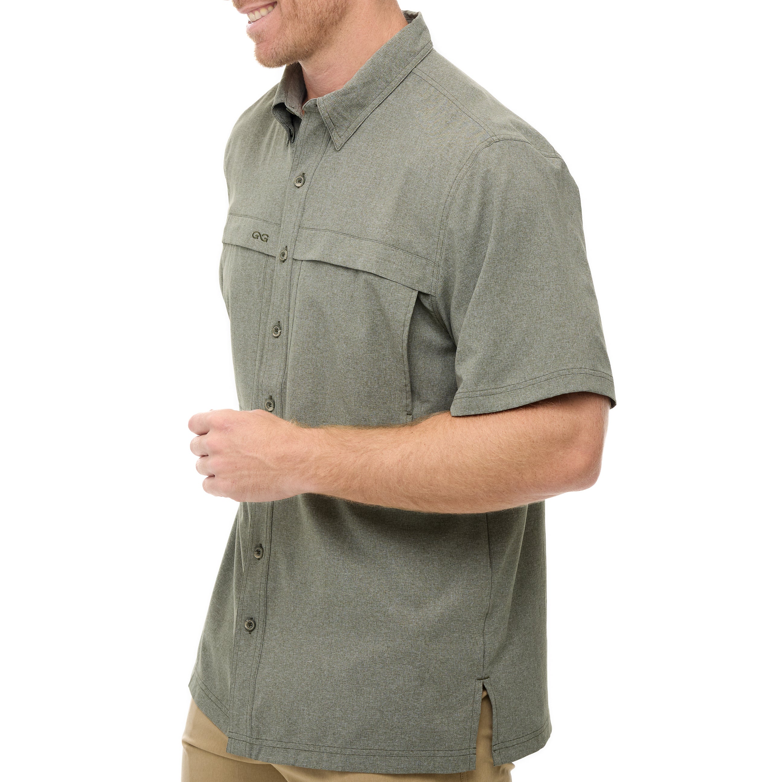 Man wearing a green short-sleeve shirt on a white background