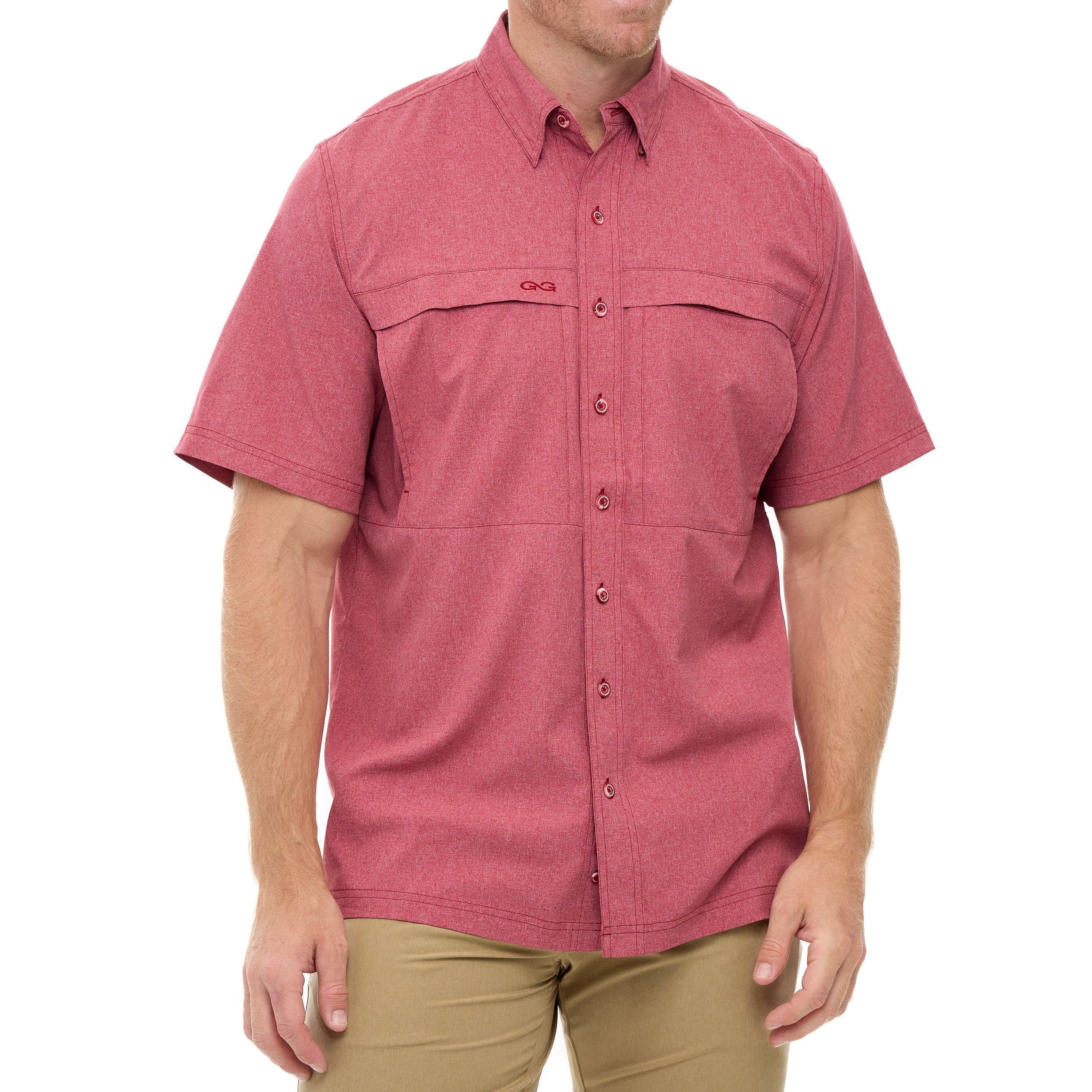 Man wearing a red short-sleeve shirt with a brand logo on a white background