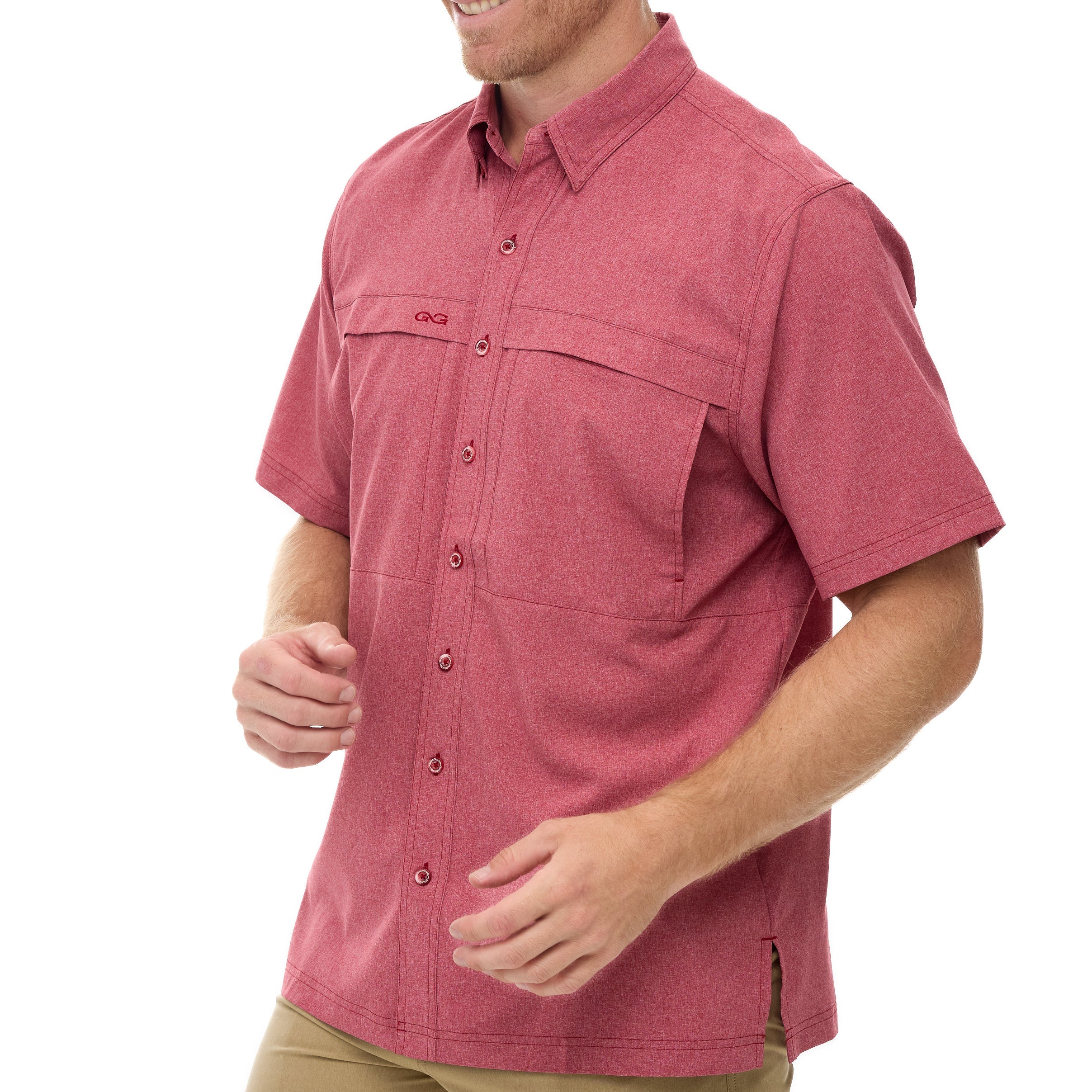 Man wearing a red short-sleeve shirt on a white background