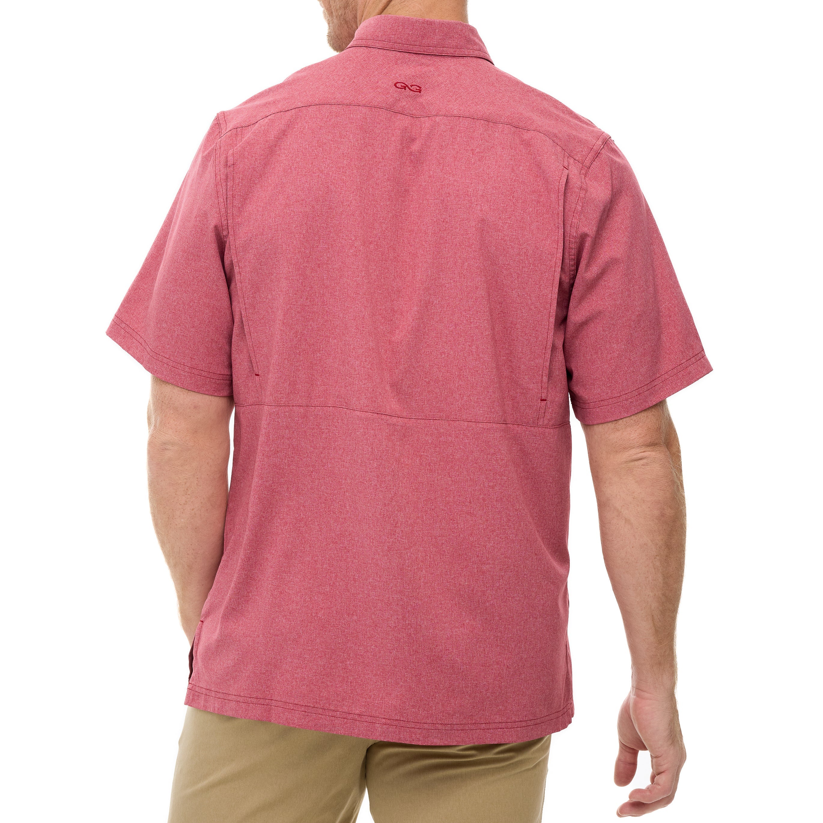 Red short-sleeve shirt worn by a person on a white background