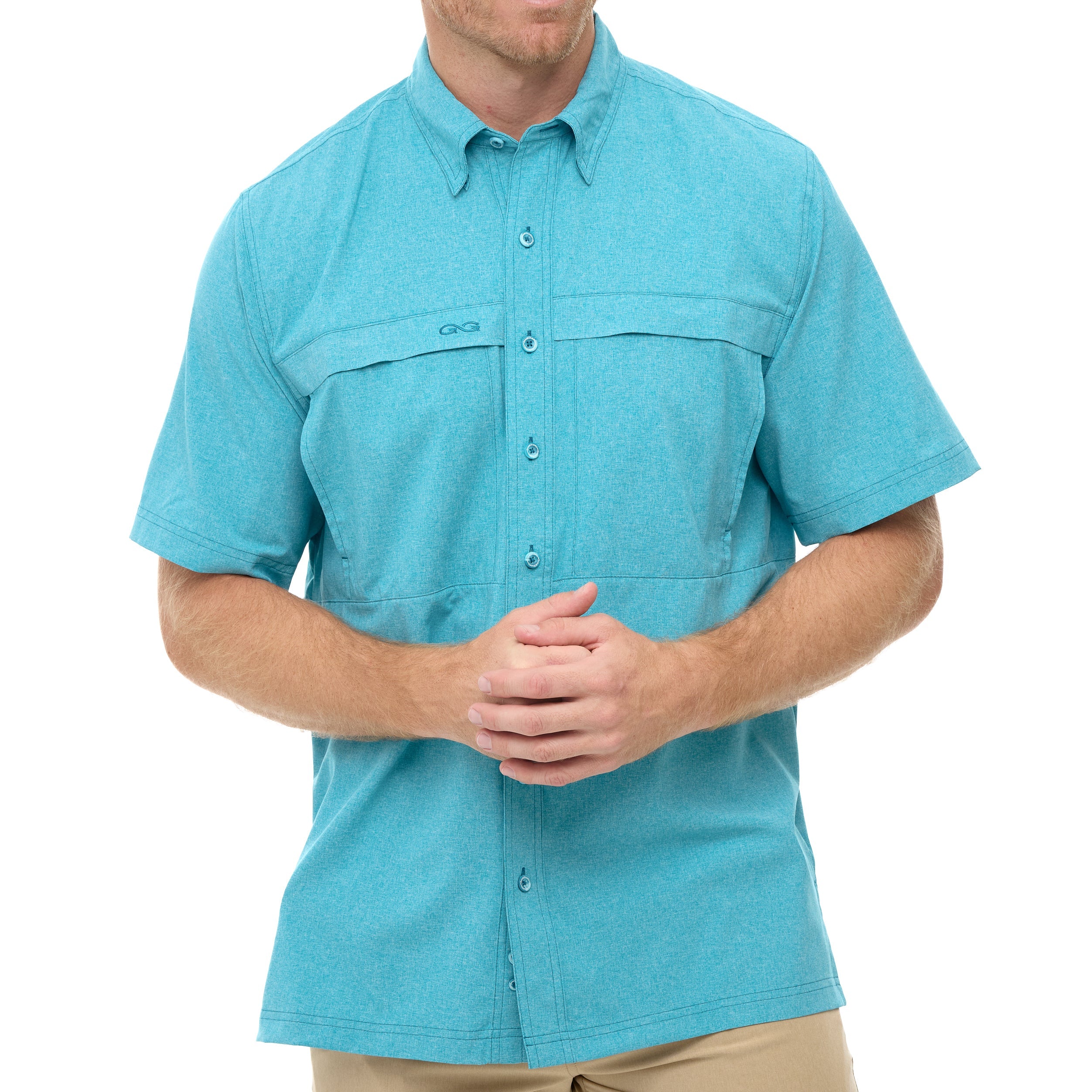 Man wearing a turquoise short-sleeve shirt on a white background