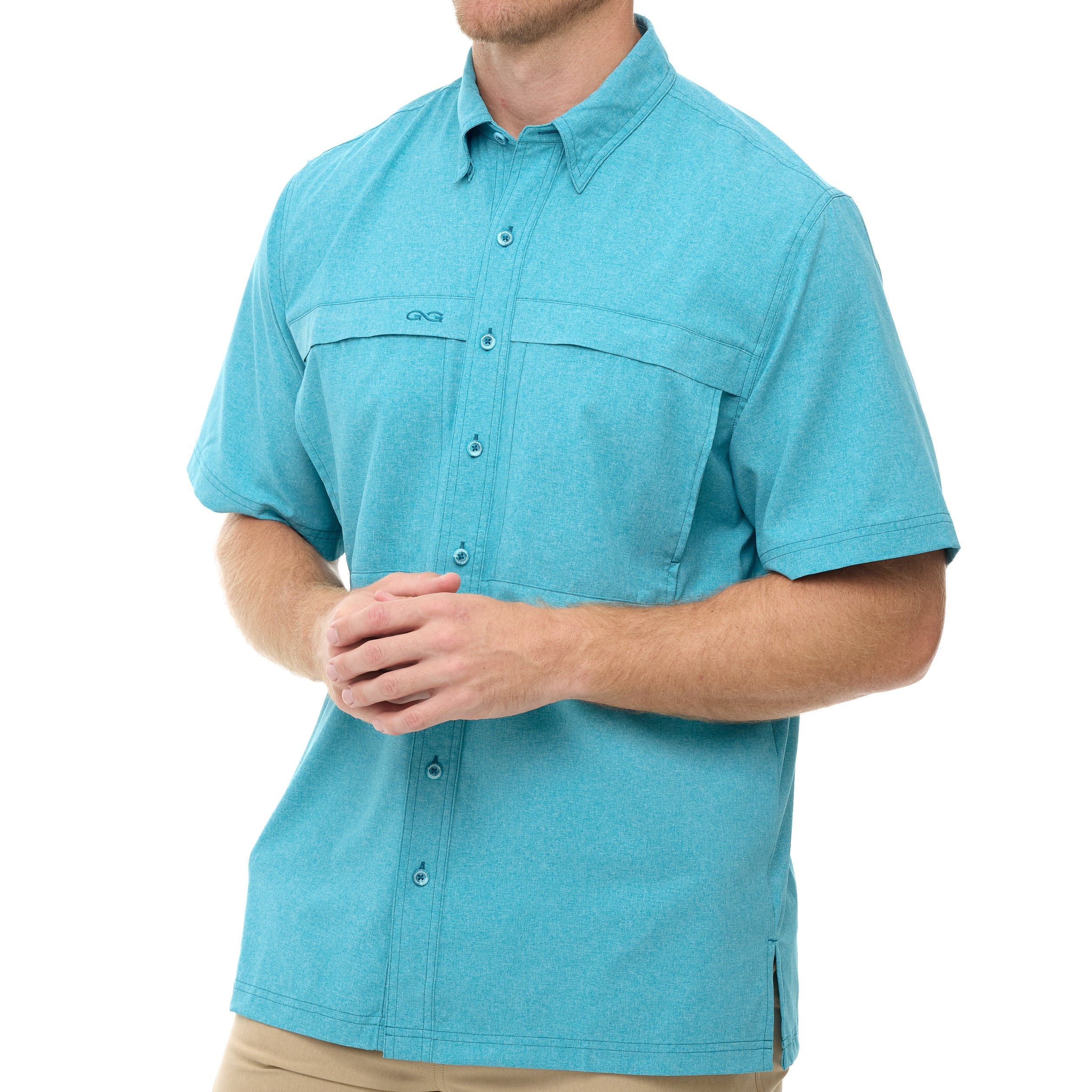 Man wearing a turquoise short-sleeve shirt on a white background