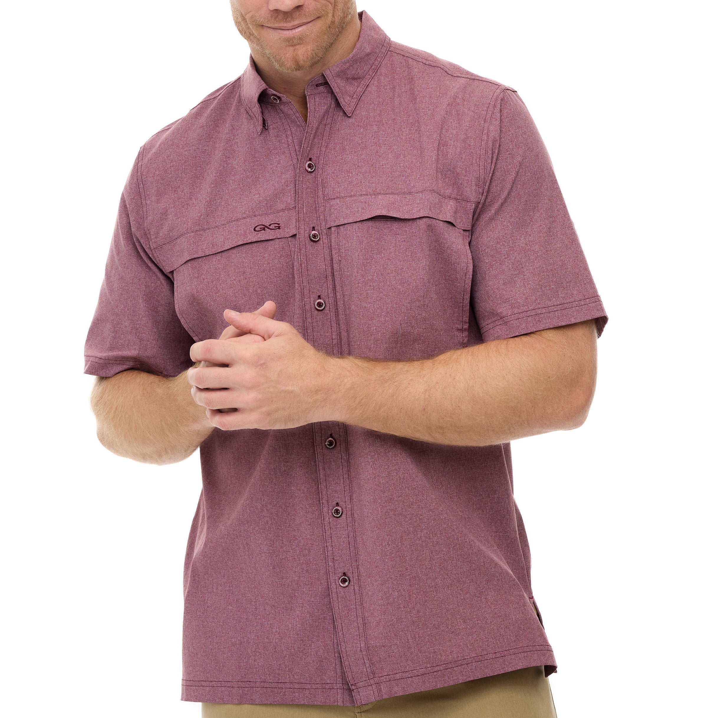 Man wearing a purple short-sleeve shirt with a brand logo on a white background