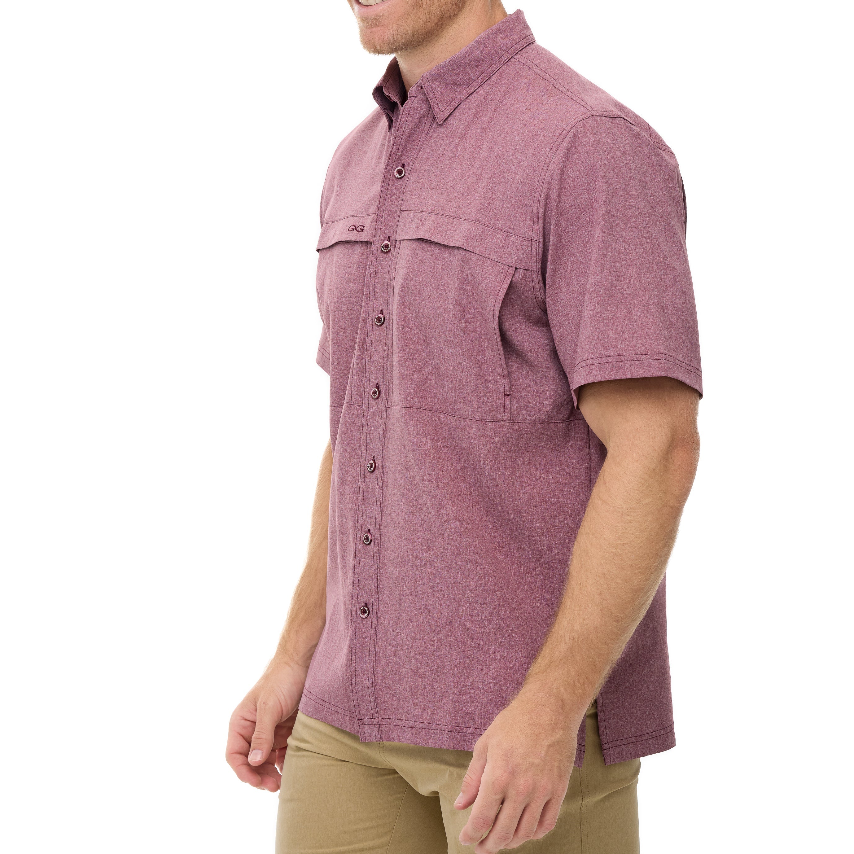 Man wearing a purple short-sleeve shirt on a white background