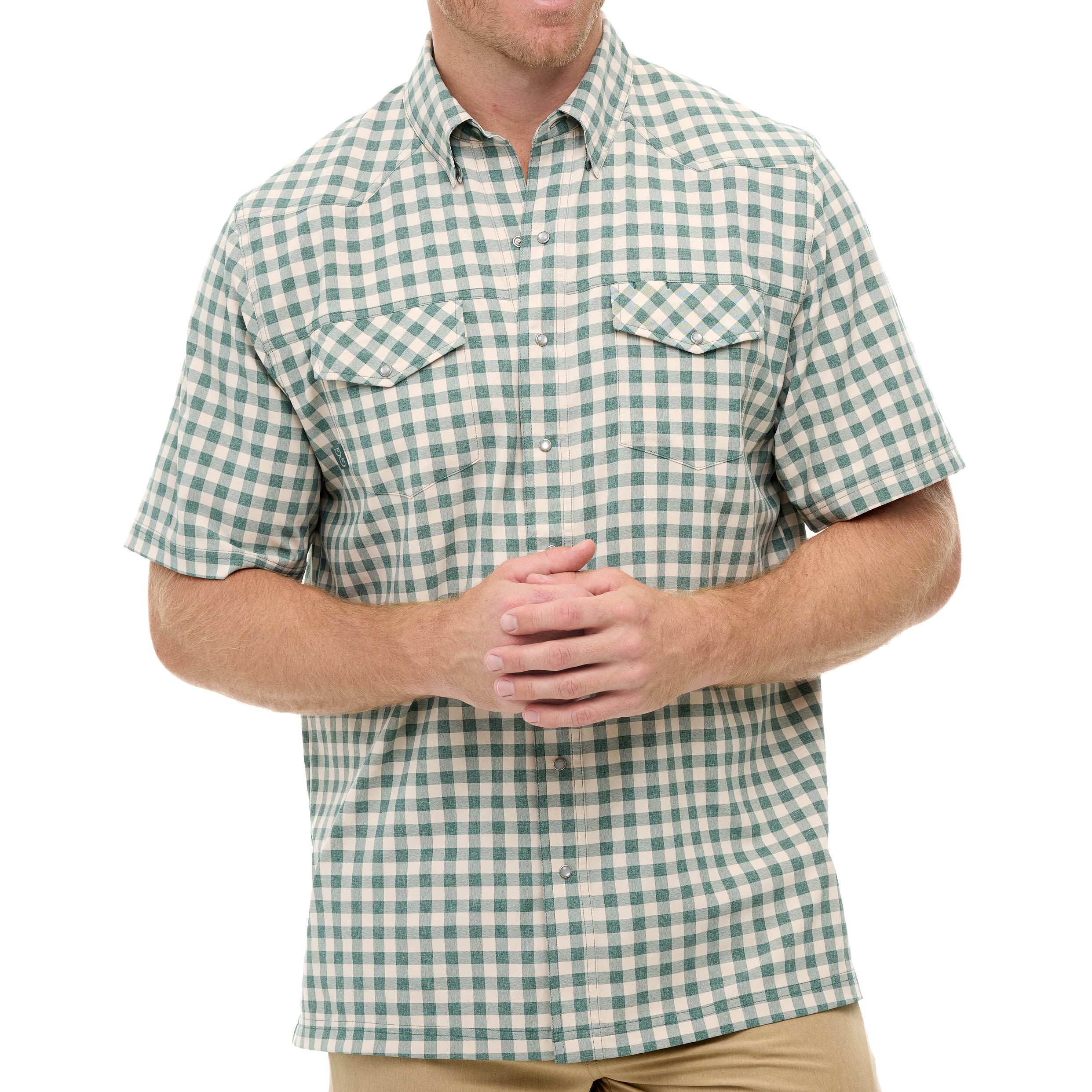 Man wearing a green and white checkered short-sleeve shirt on a white background