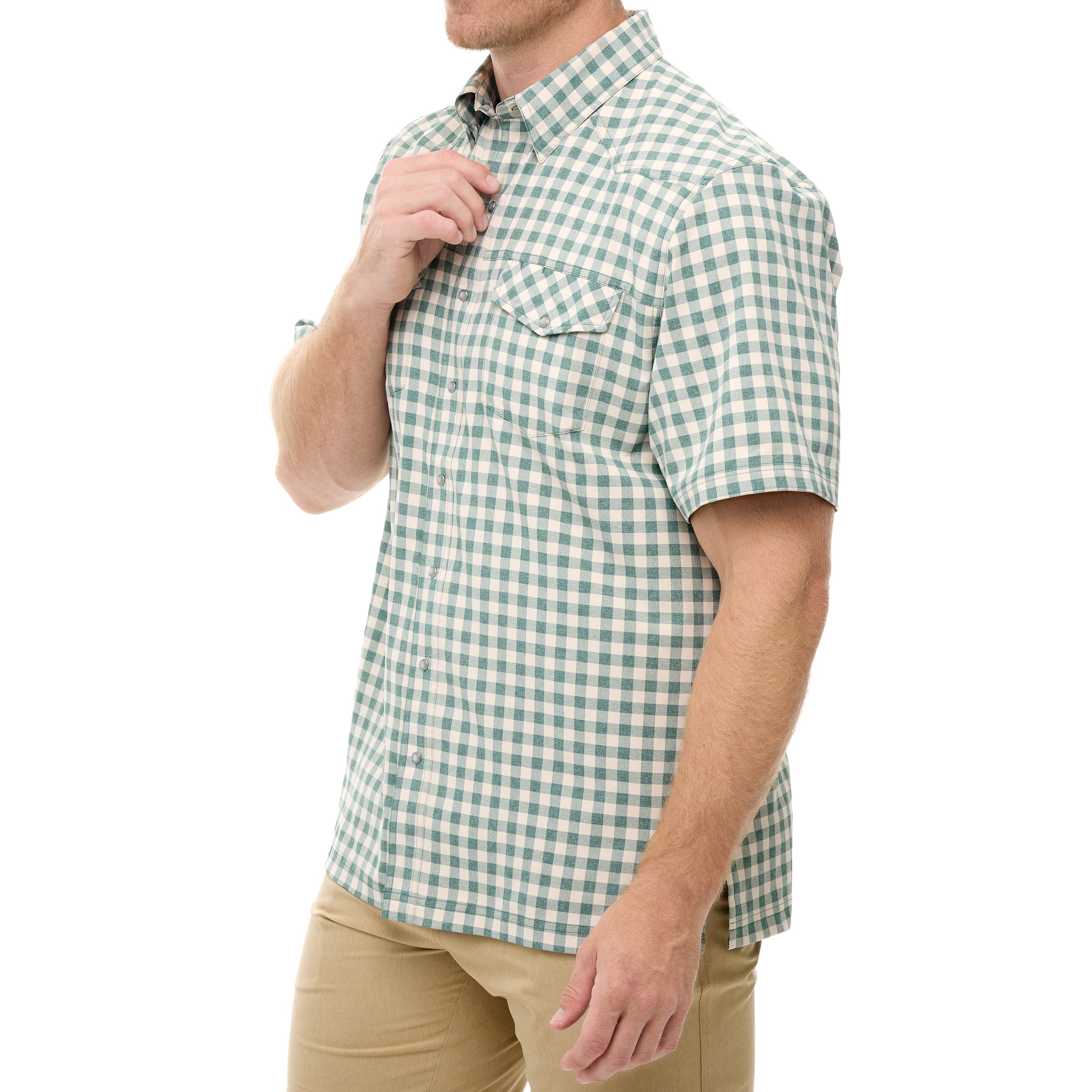 Man wearing a green and white checkered shirt on a white background