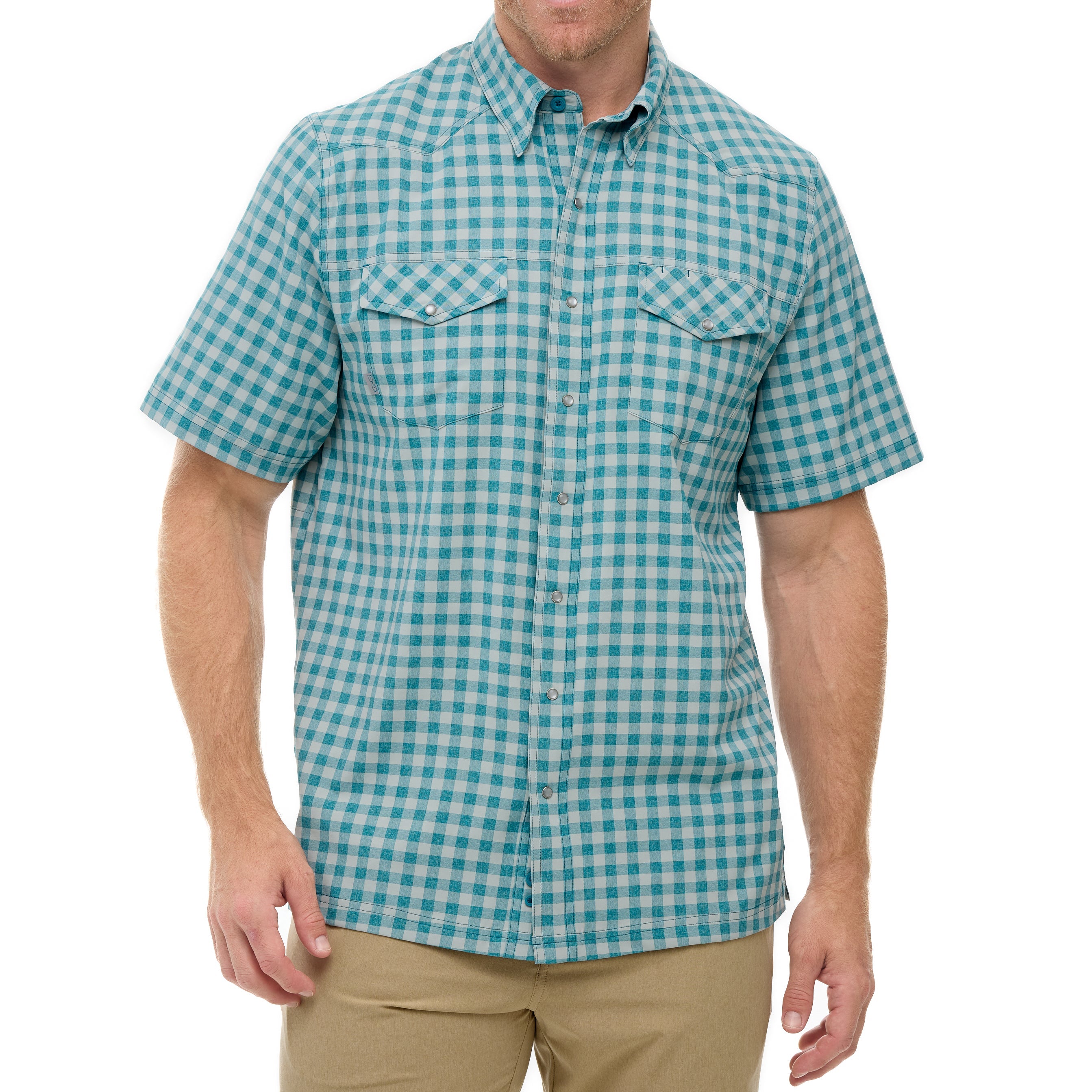 Man wearing a teal and white checkered short-sleeve shirt on a white background