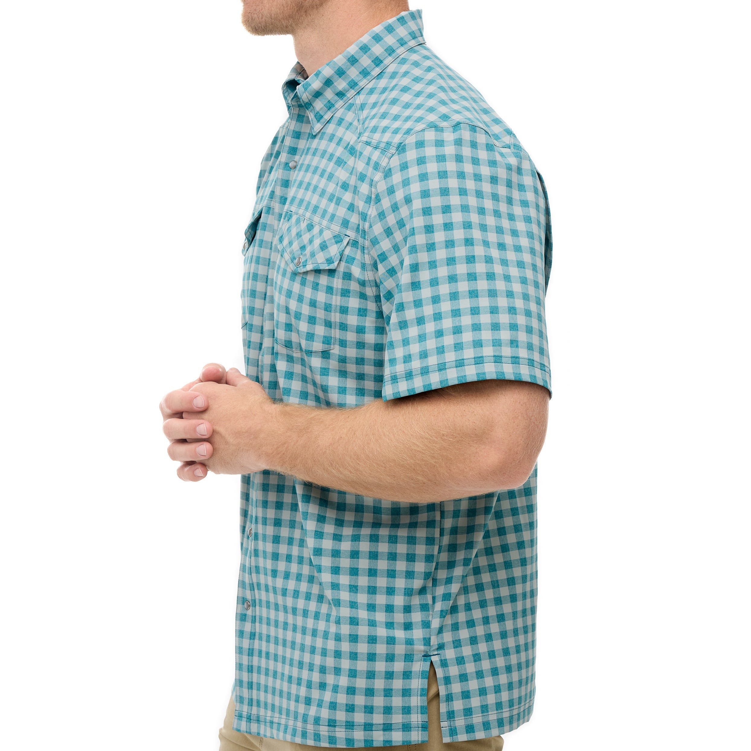 Man wearing a blue and white checkered shirt on a white background