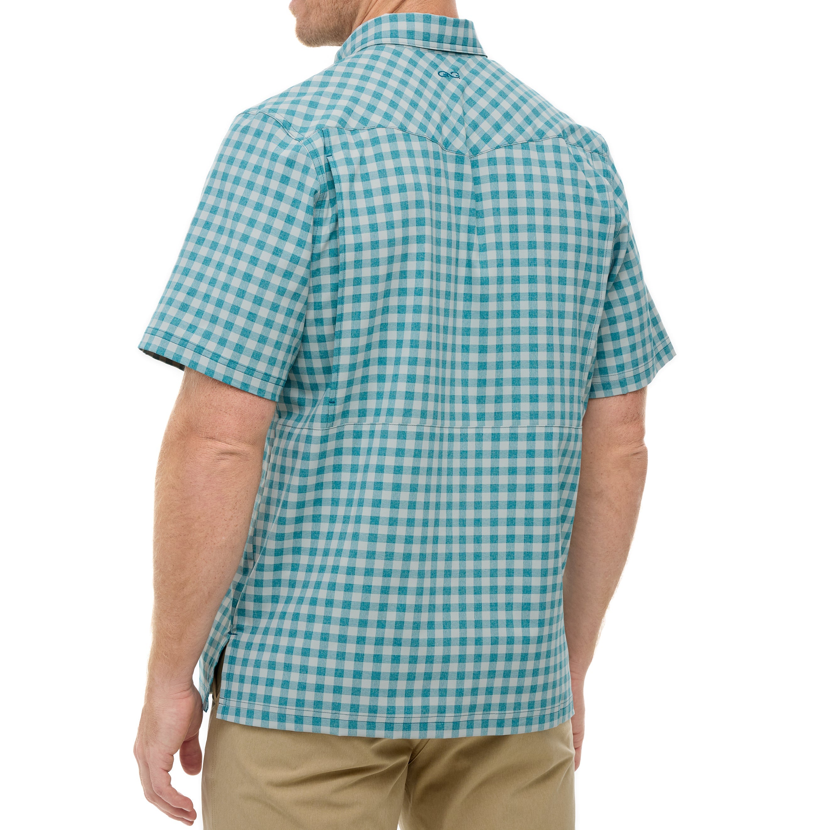 Person wearing a turquoise and white checkered shirt on a white background