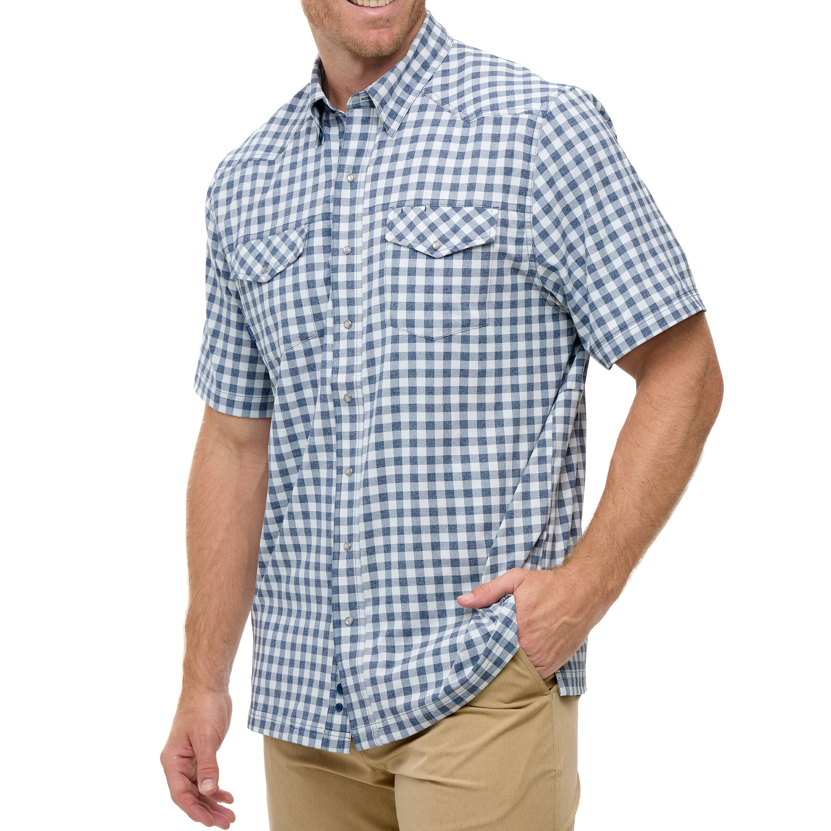 Man wearing a blue and white checkered shirt on a white background