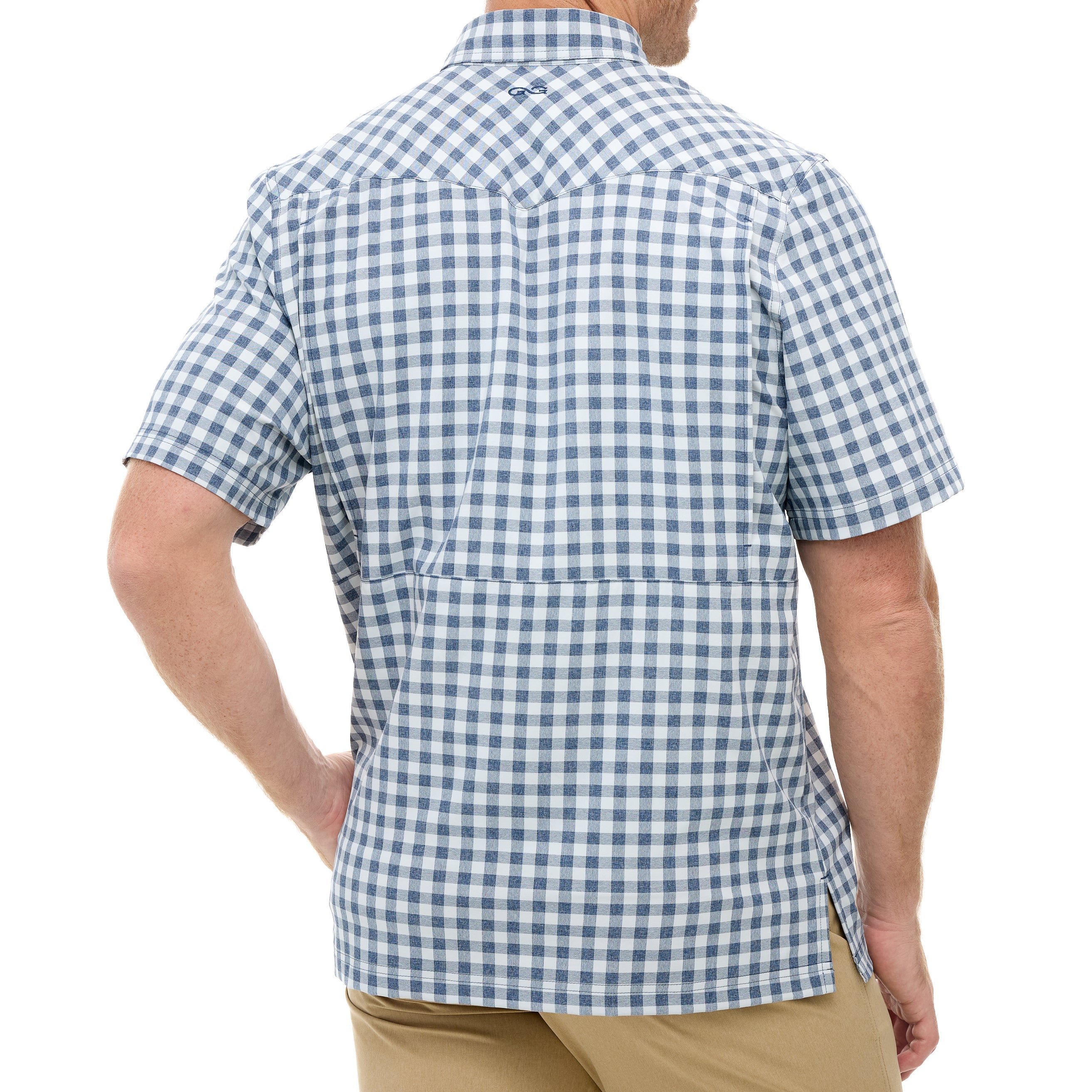 Person wearing a blue and white checkered shirt on a white background