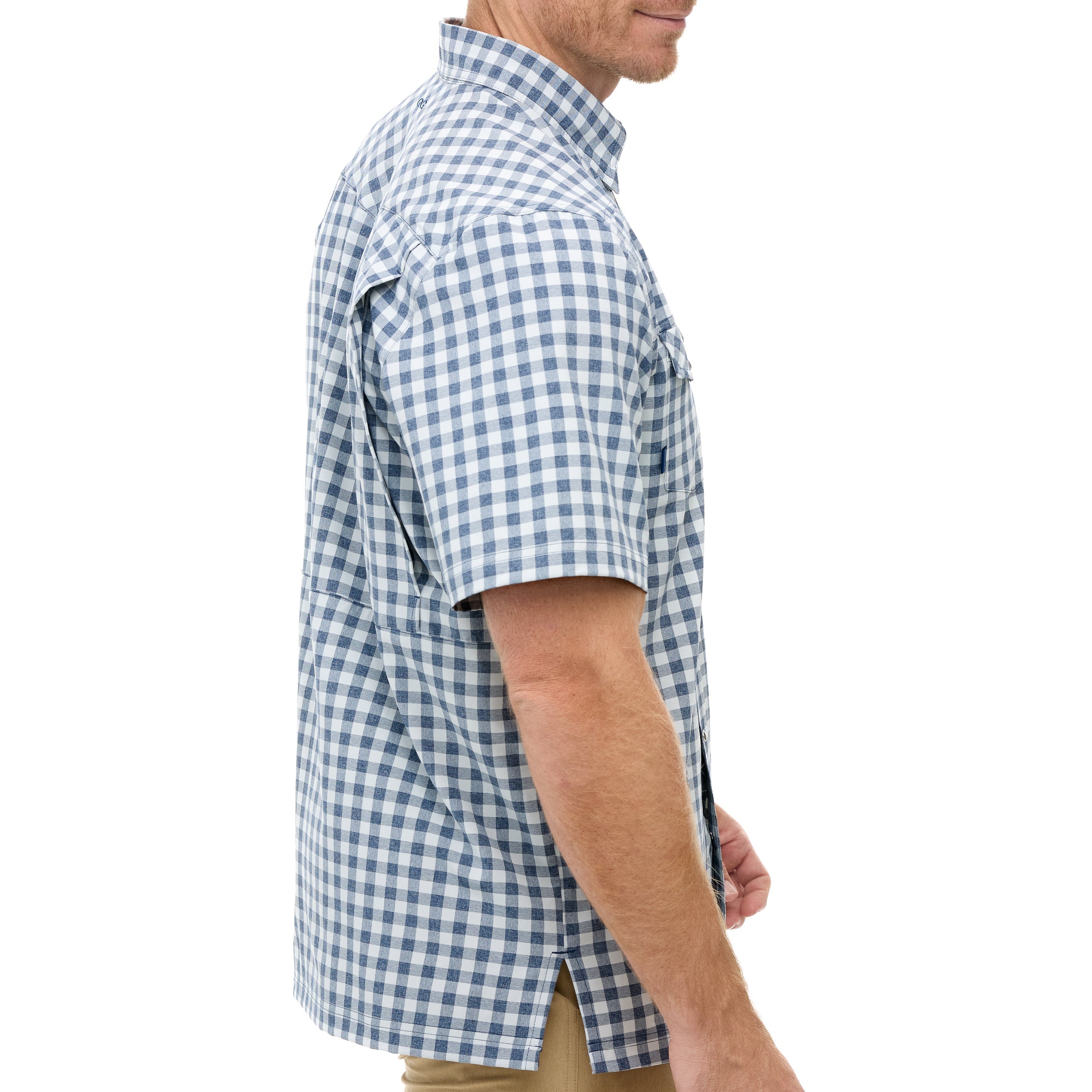 Man wearing a blue and white checkered shirt on a white background