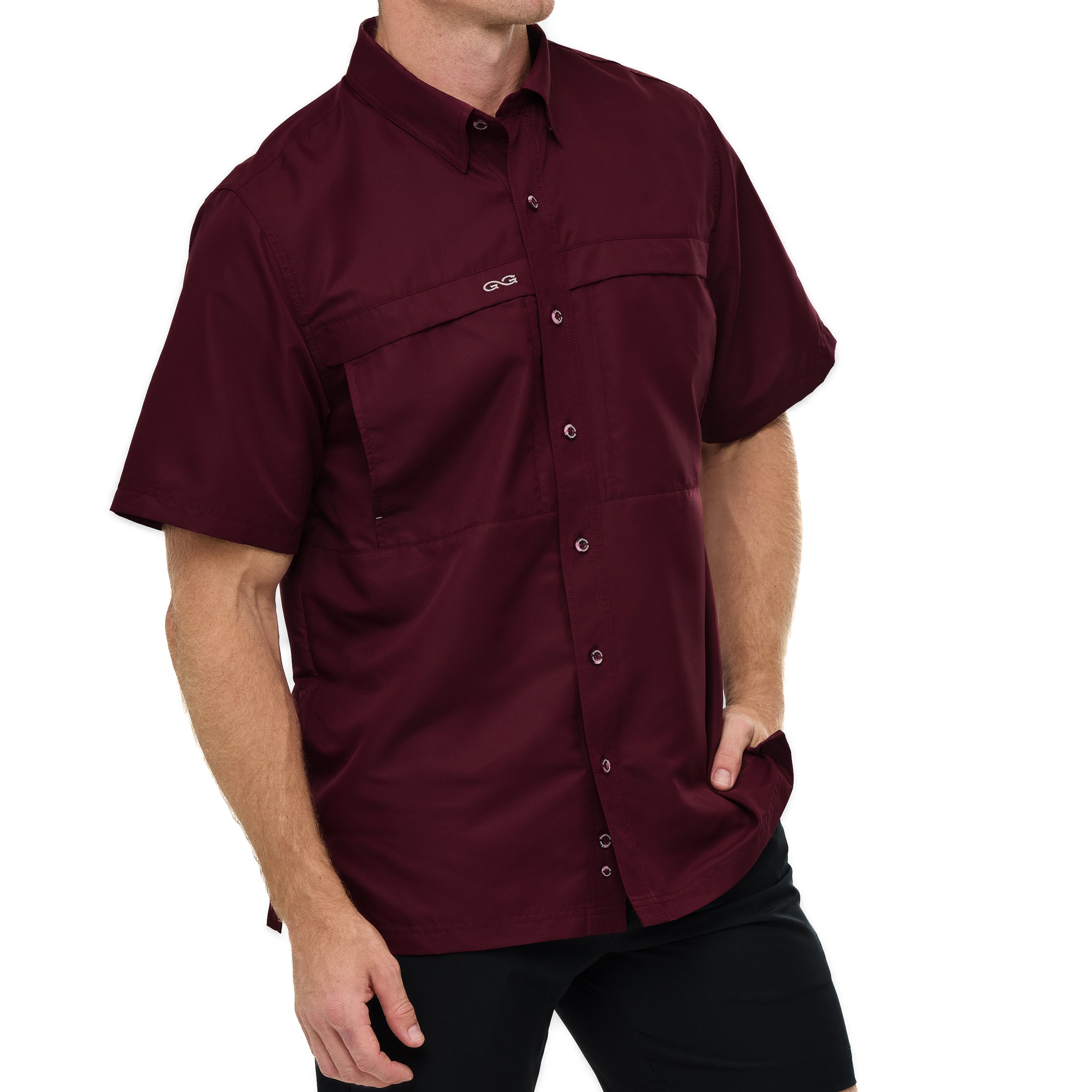 Maroon short-sleeve shirt with pockets on a white background