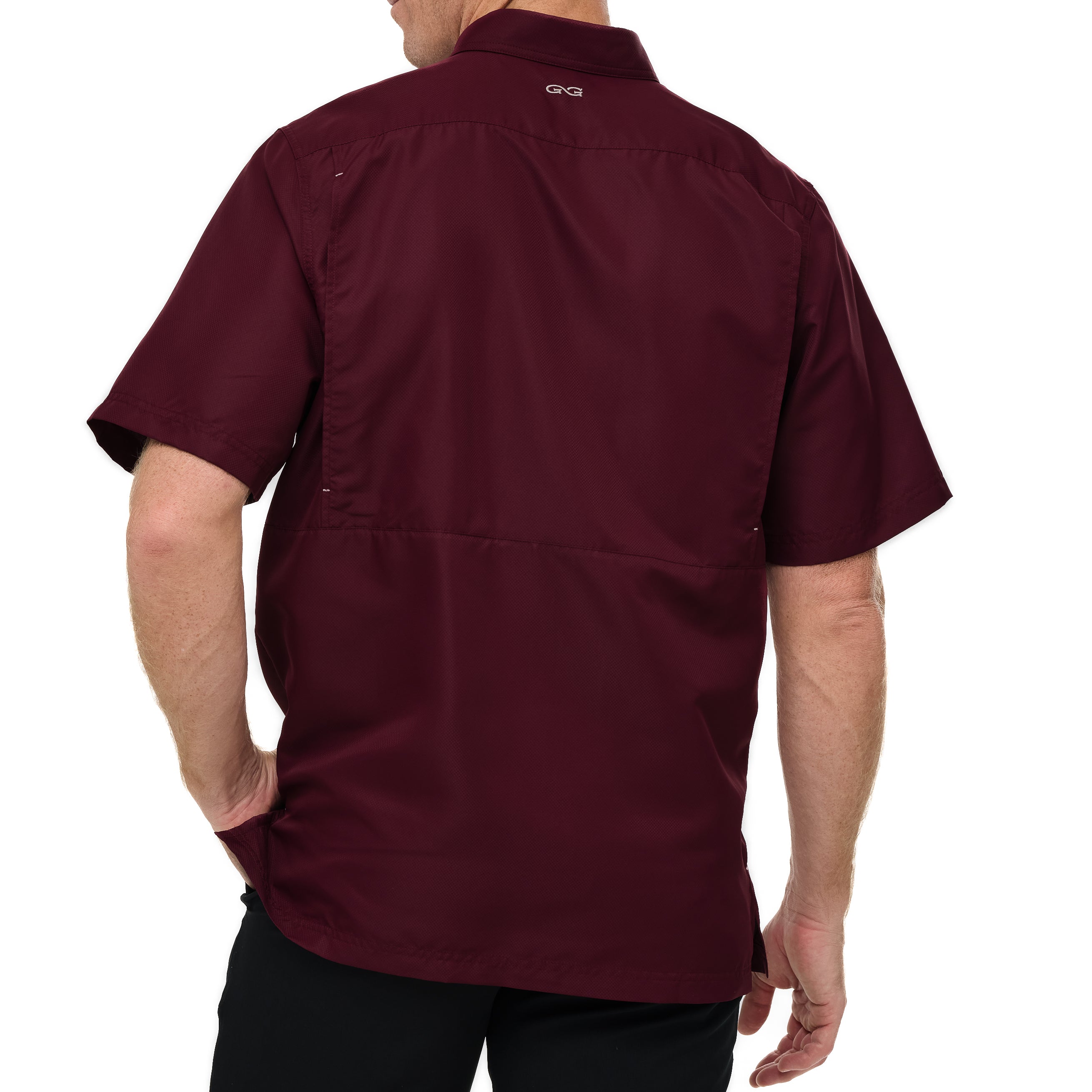 Maroon short-sleeve shirt worn by a person on a white background