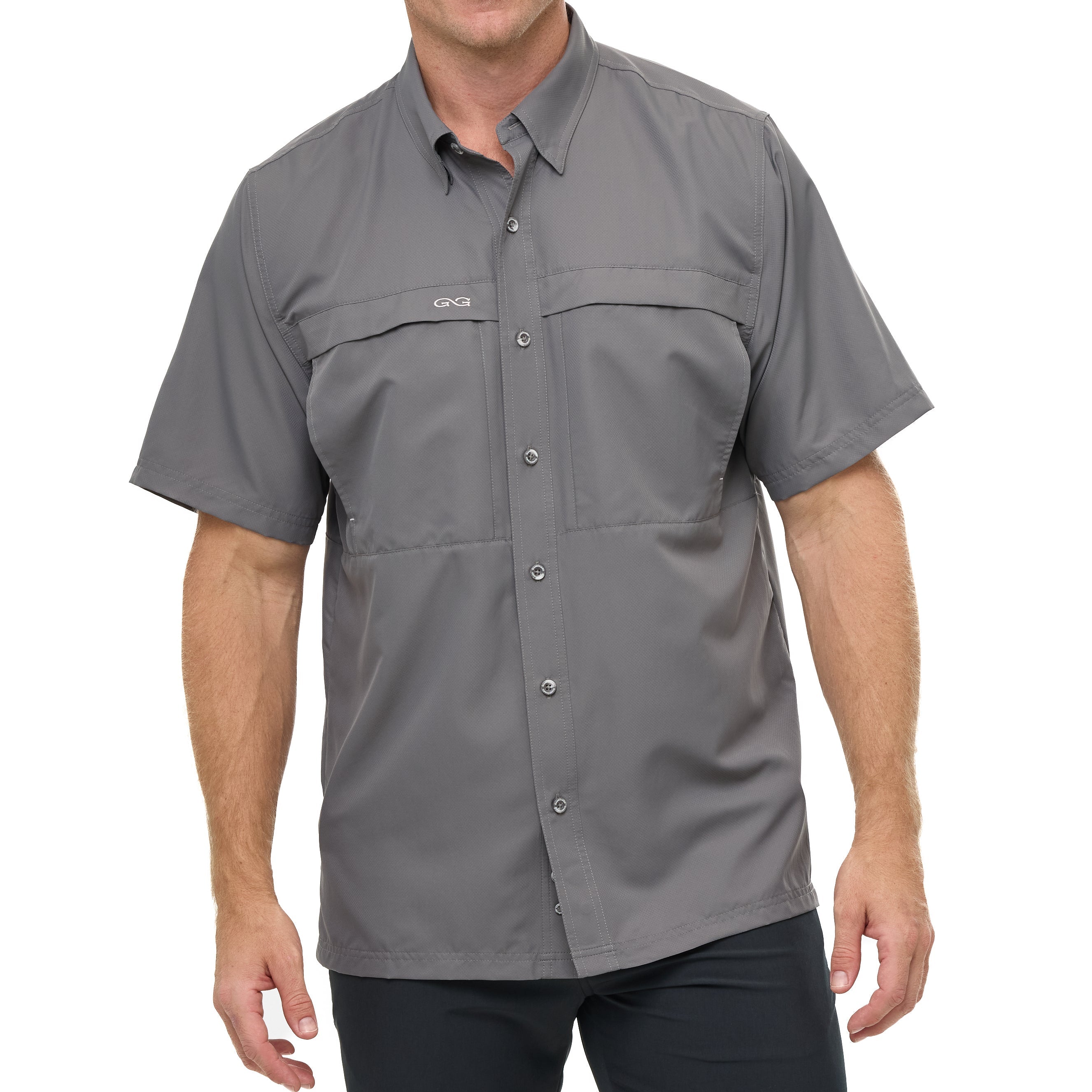 Gray short-sleeve shirt with button details on a white background