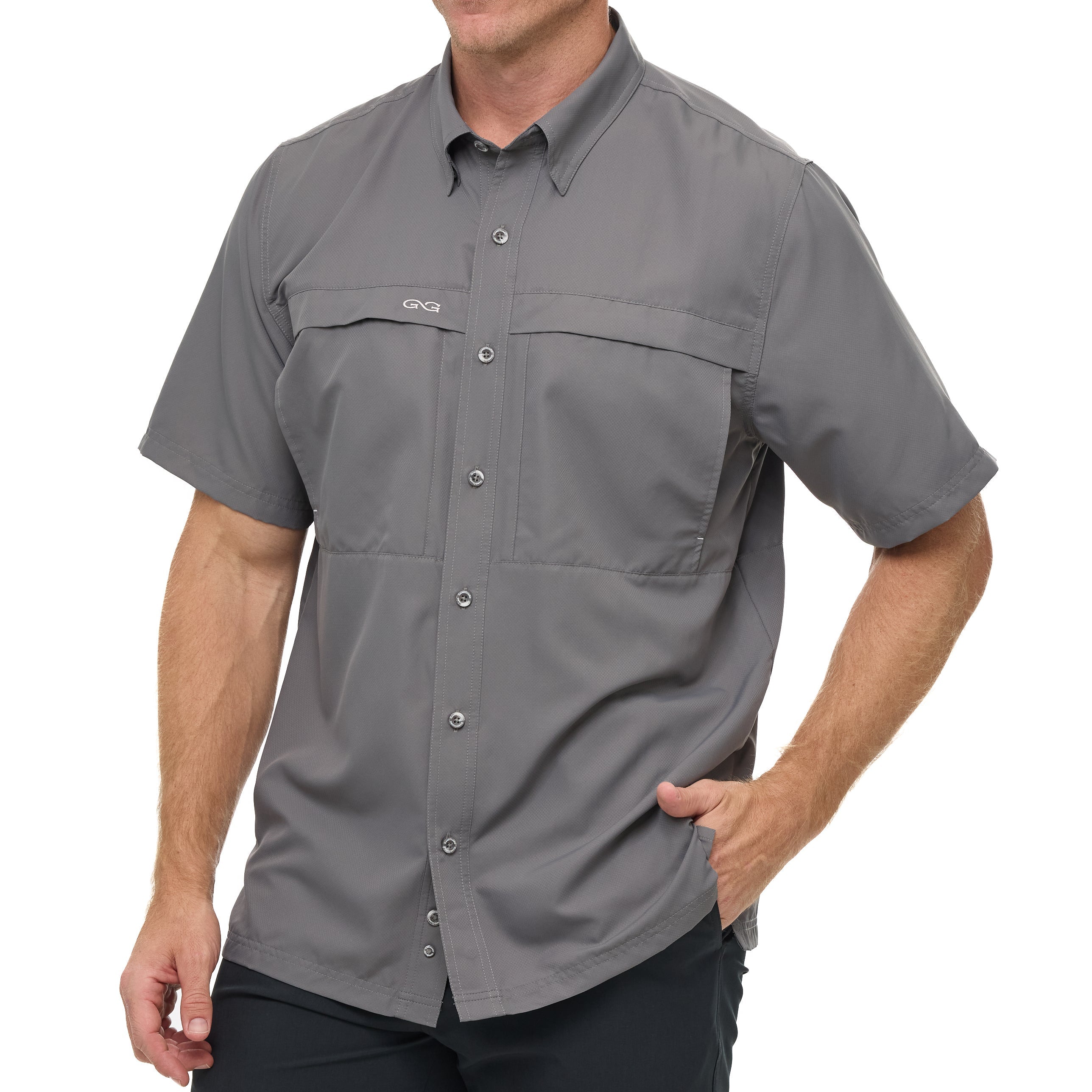 Gray short-sleeve shirt worn by a person on a white background