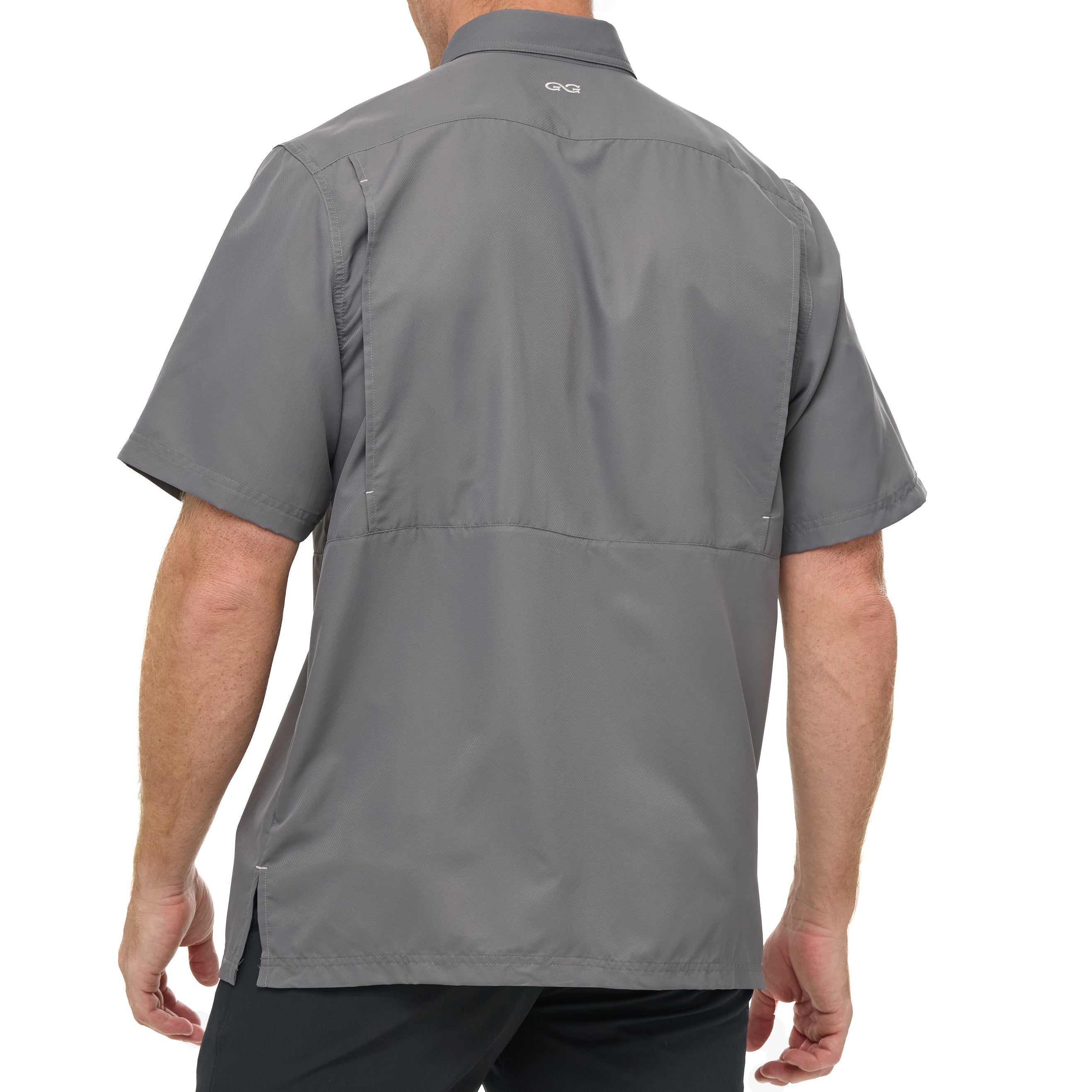 Gray short-sleeve shirt worn by a person on a white background