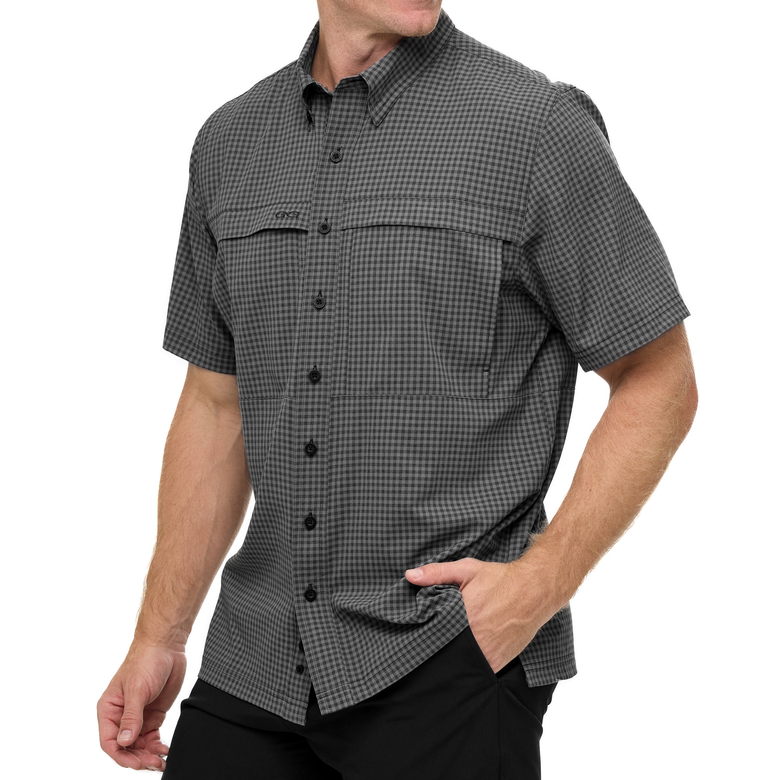 Man wearing a gray checkered short-sleeve shirt on a white background