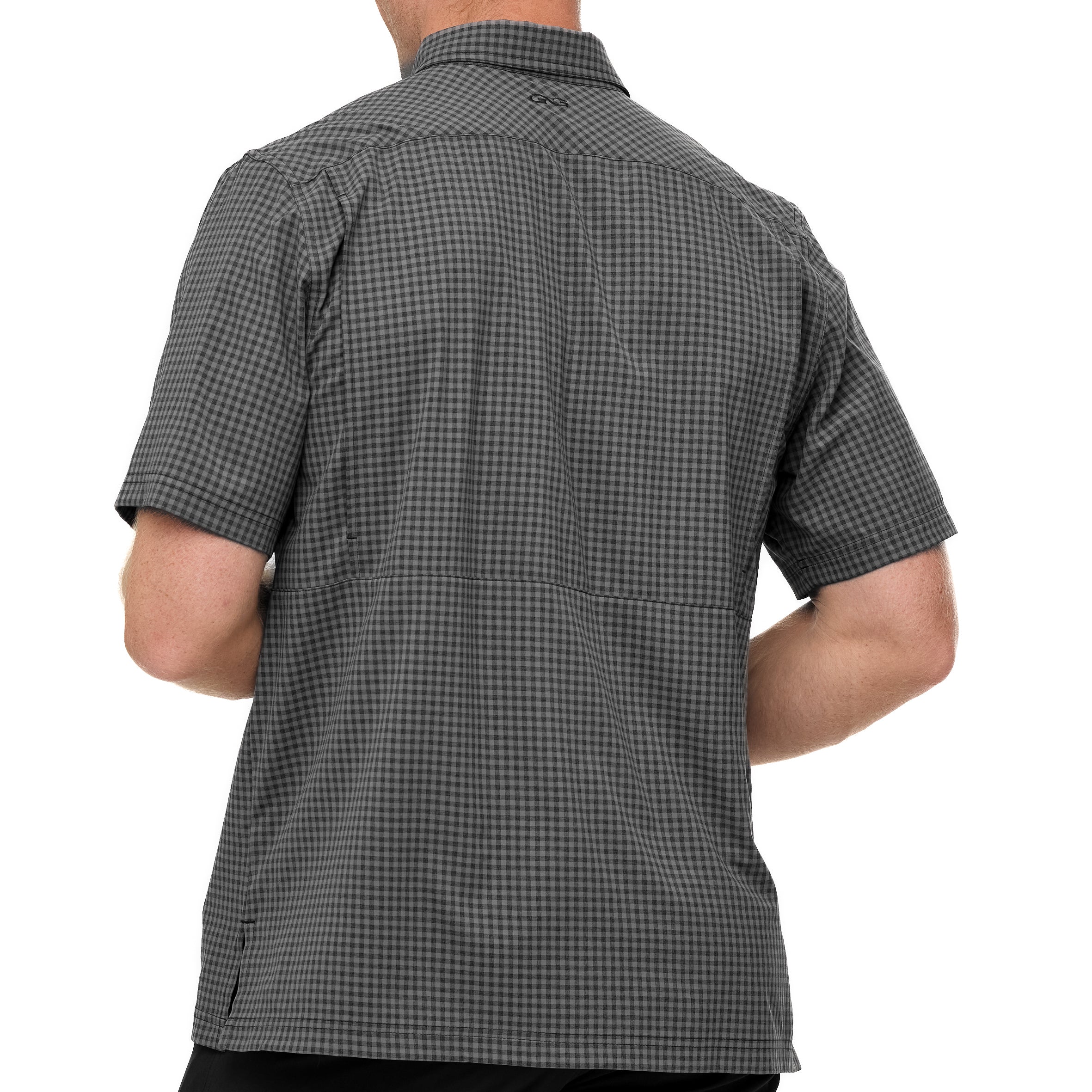 Back view of a person wearing a gray checkered shirt on a white background