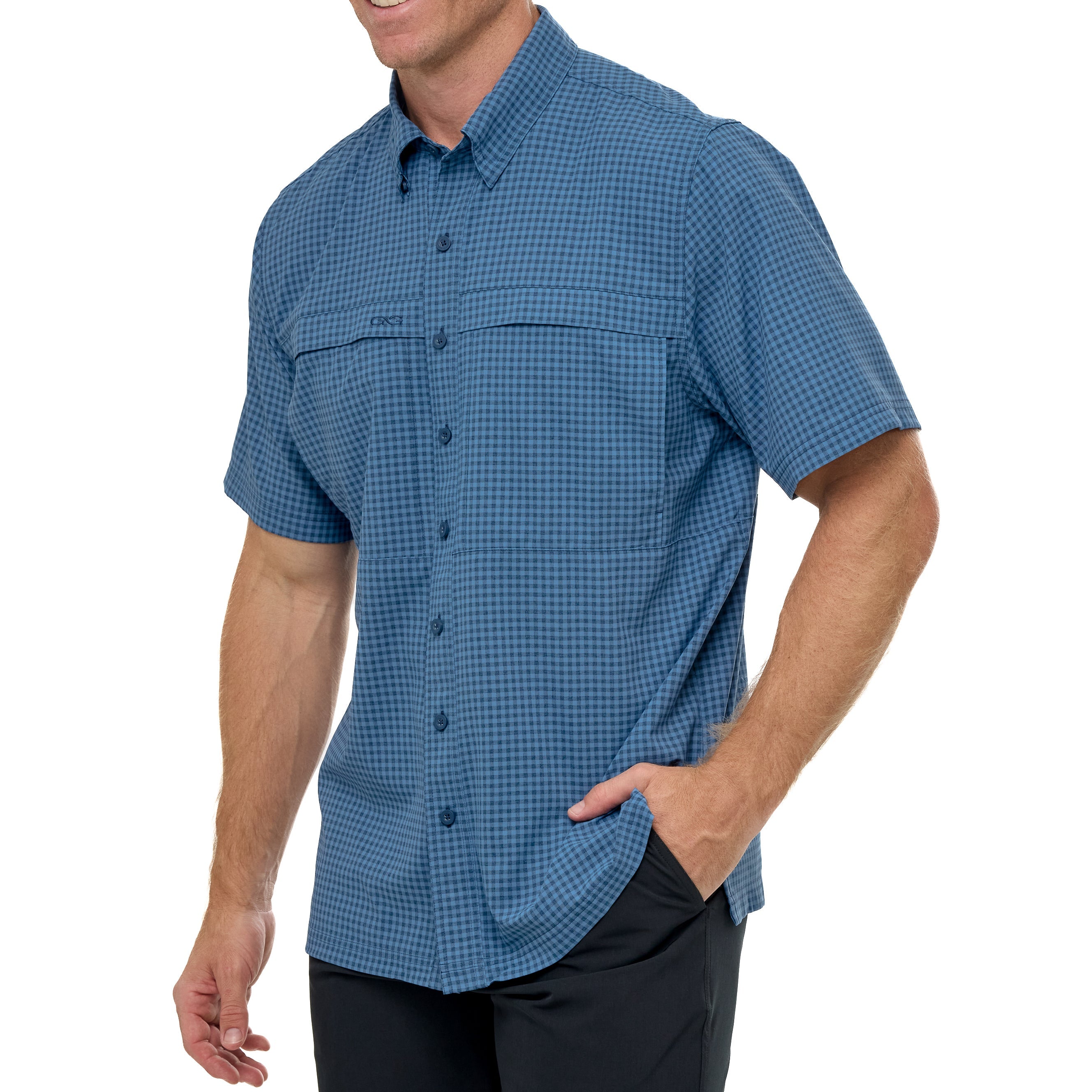 Man wearing a blue checkered short-sleeve shirt on a white background