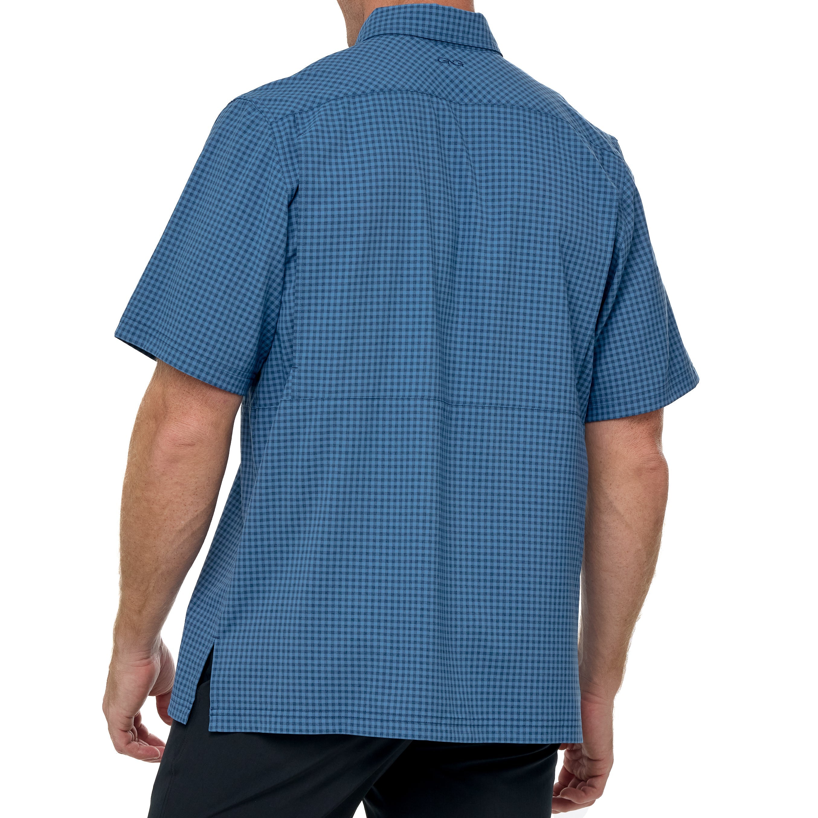 Blue checkered shirt worn by a person on a white background