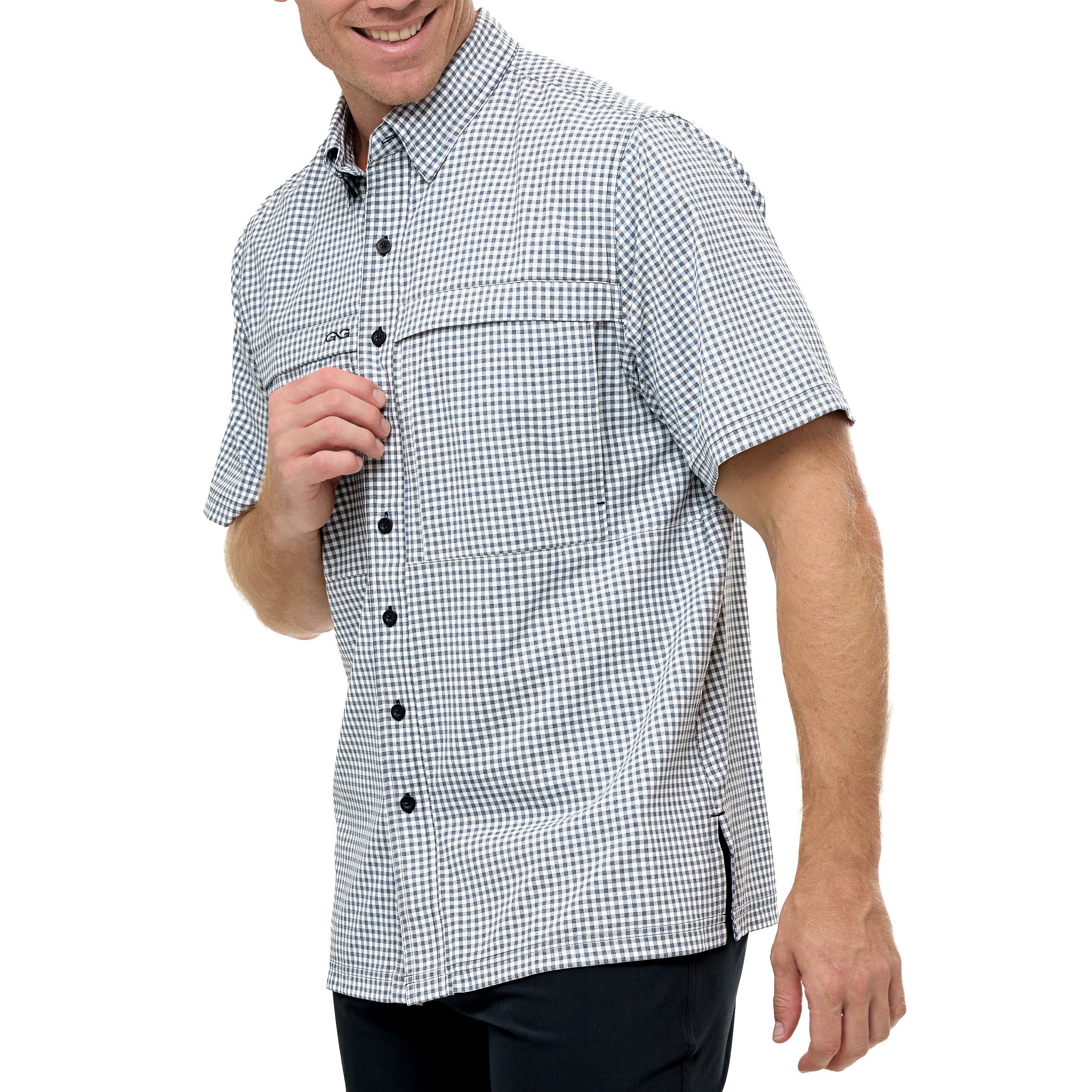 Man wearing a checkered short-sleeve shirt on a white background
