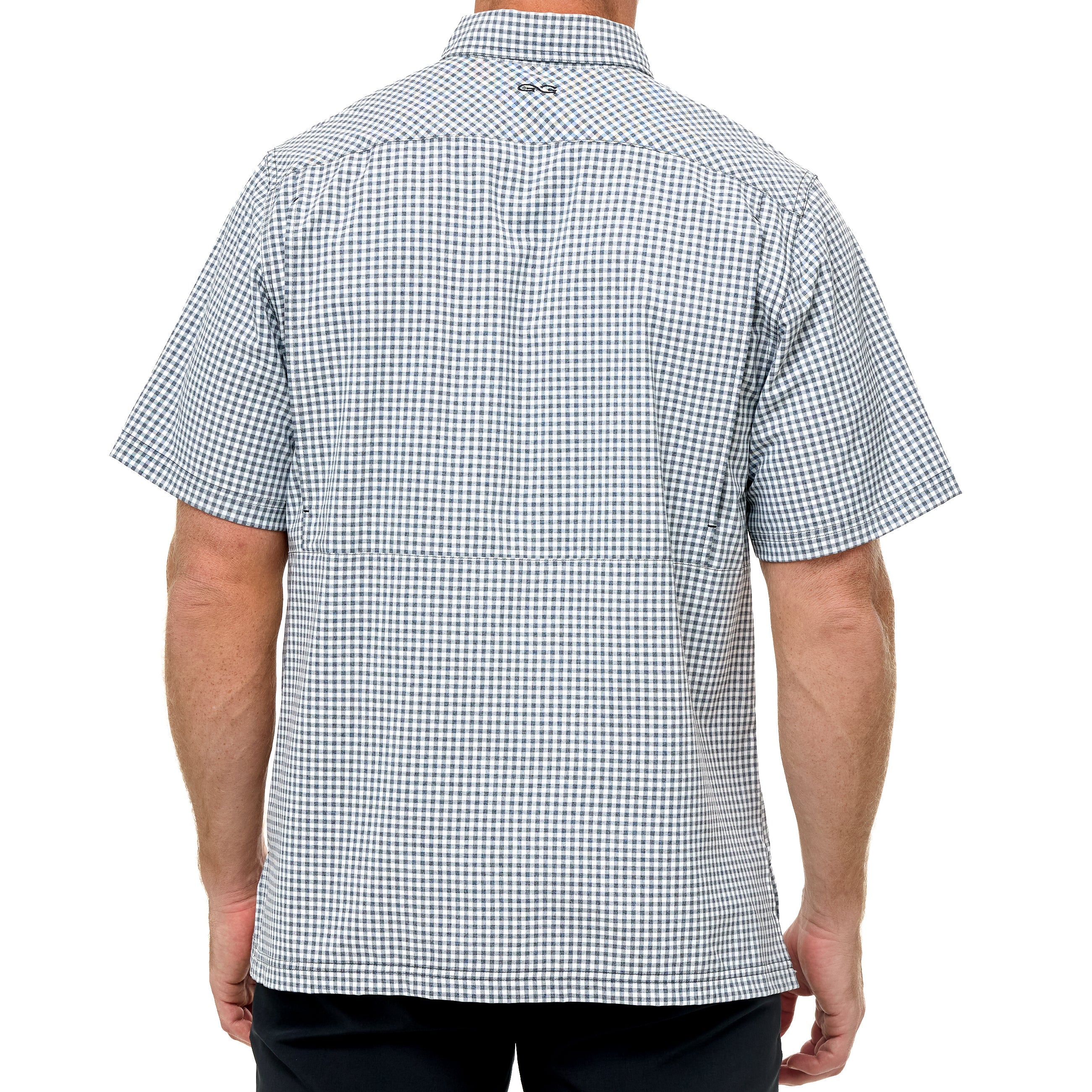 Back view of a person wearing a checkered short-sleeve shirt on a white background