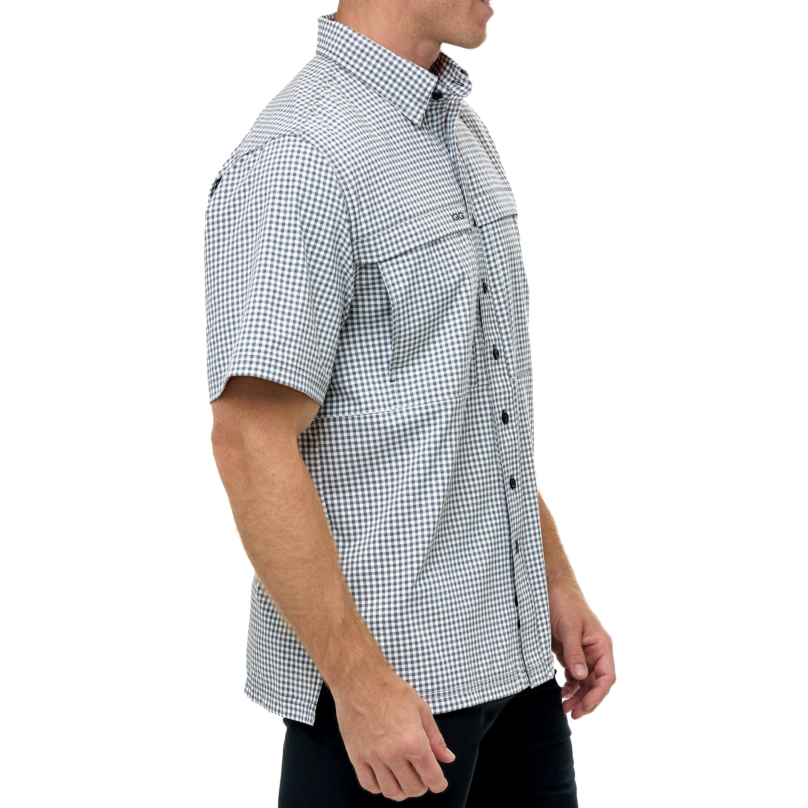 Man wearing a checkered short-sleeve shirt on a white background