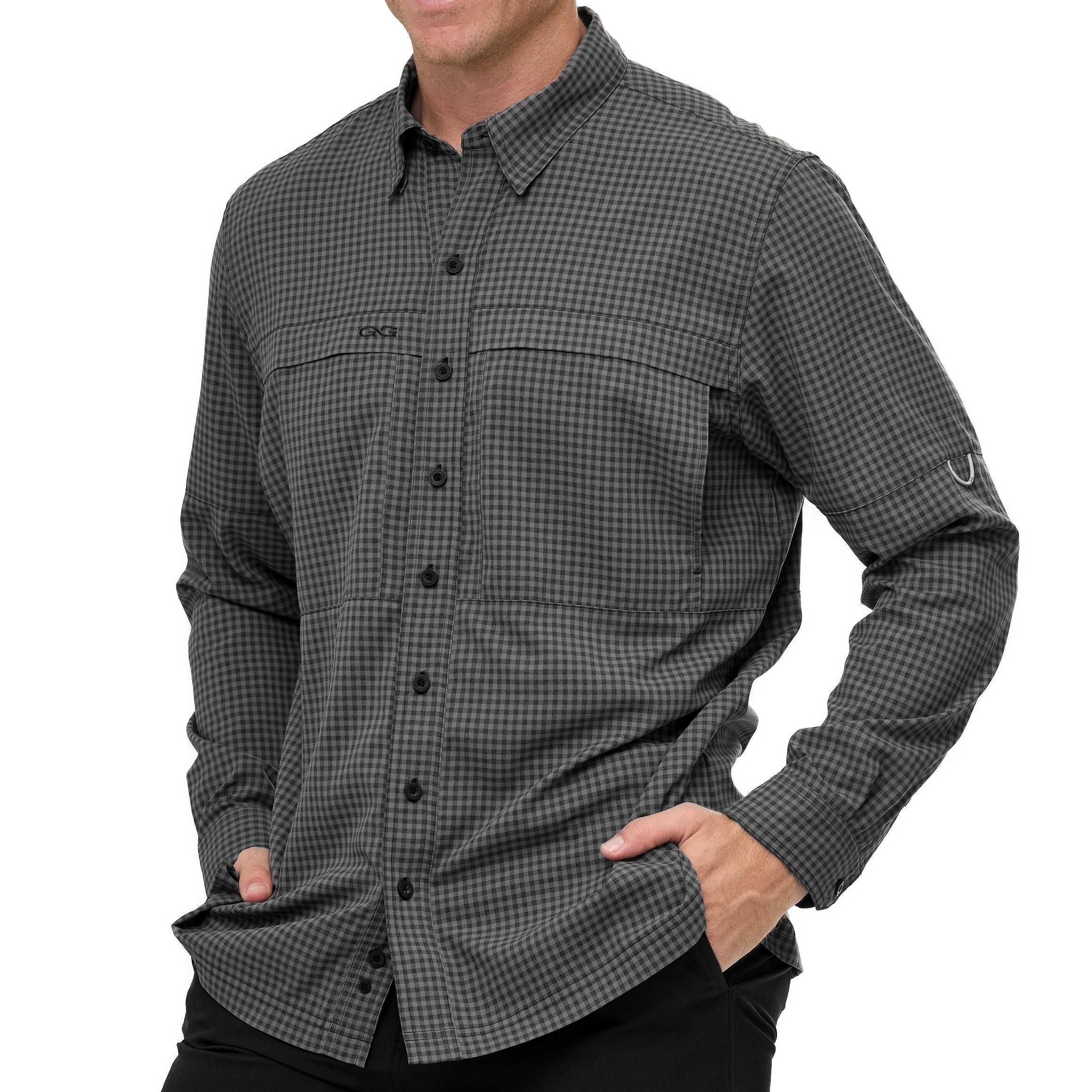 Man wearing a gray checkered shirt on a white background