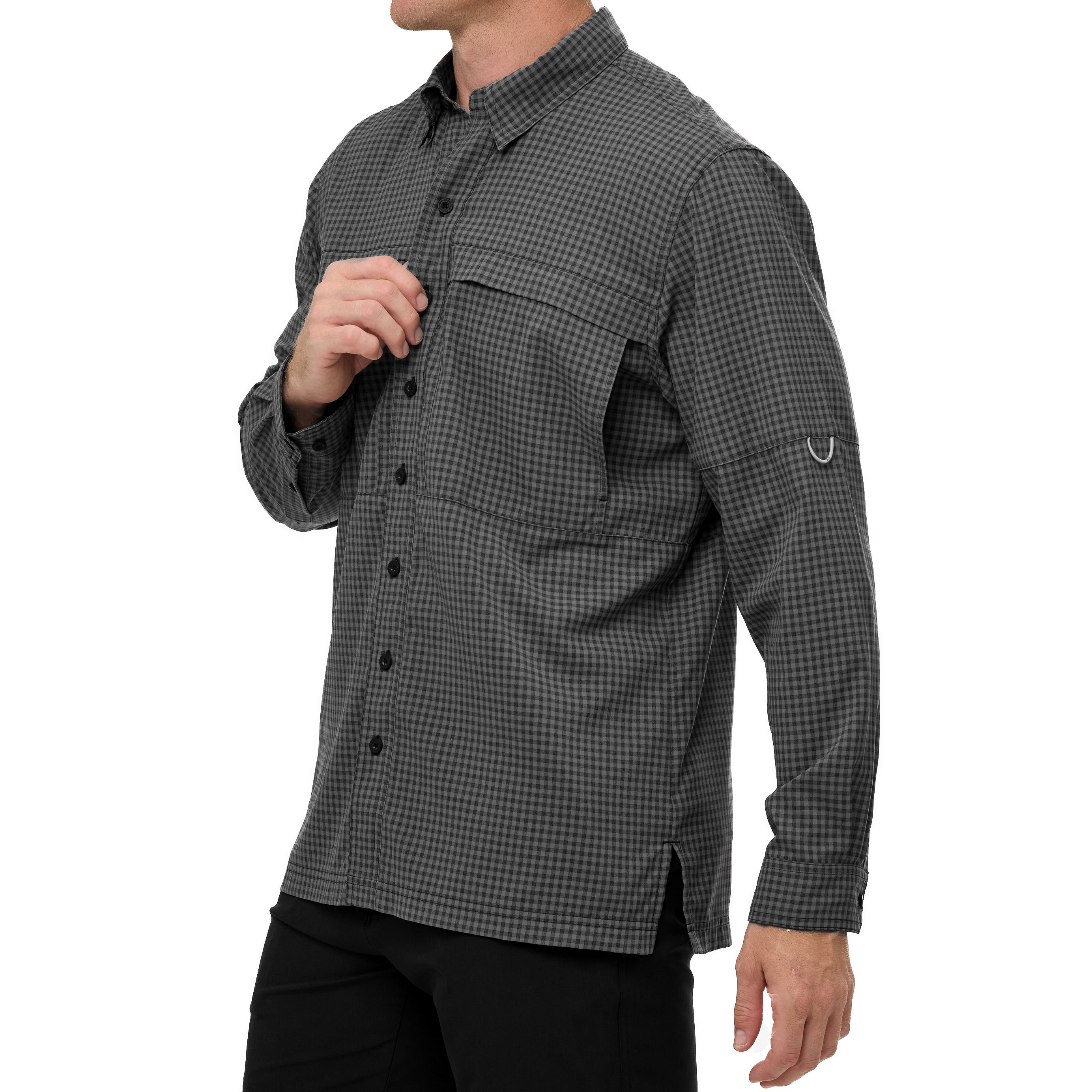 Person wearing a gray checkered shirt on a white background