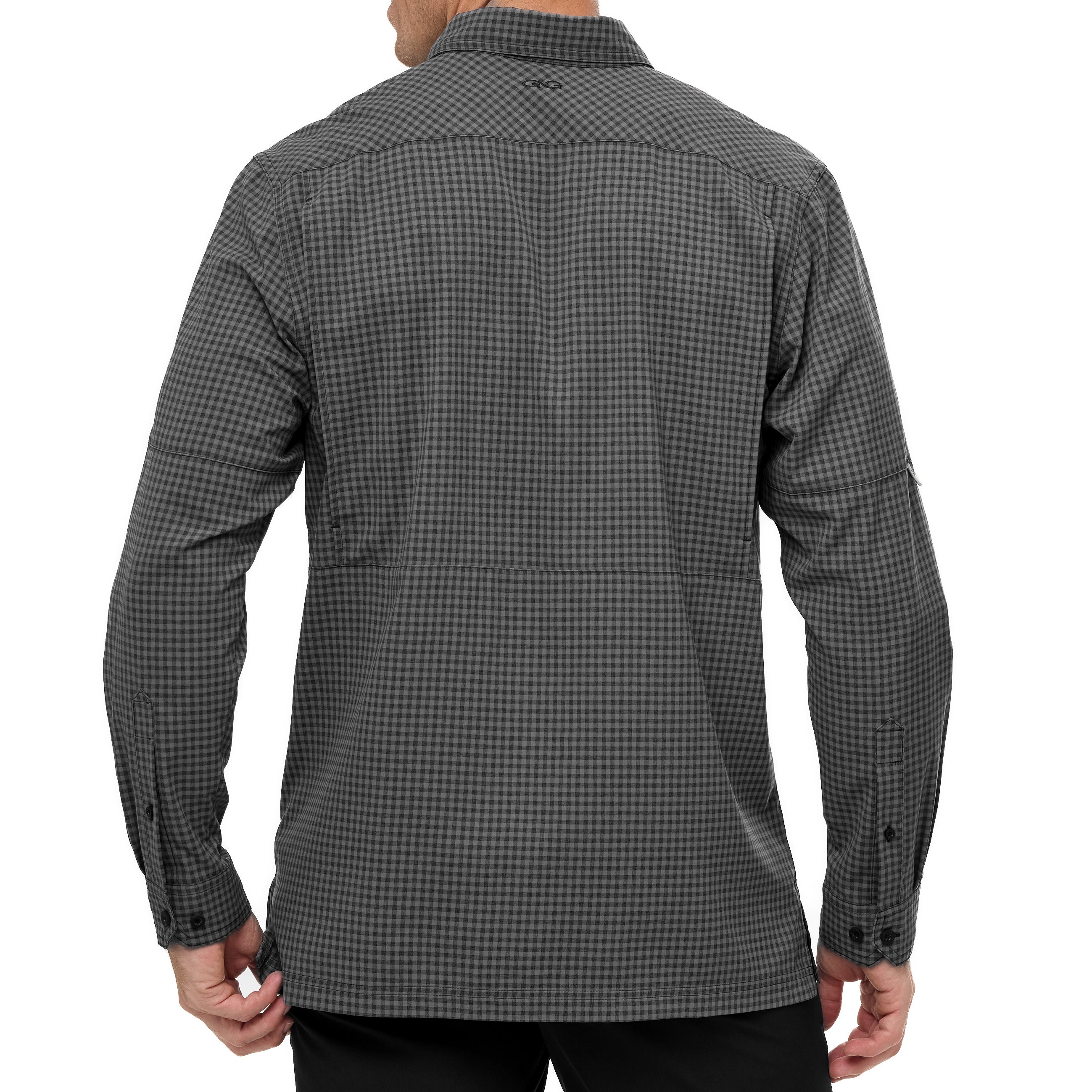 Back view of a person wearing a gray checkered shirt on a white background