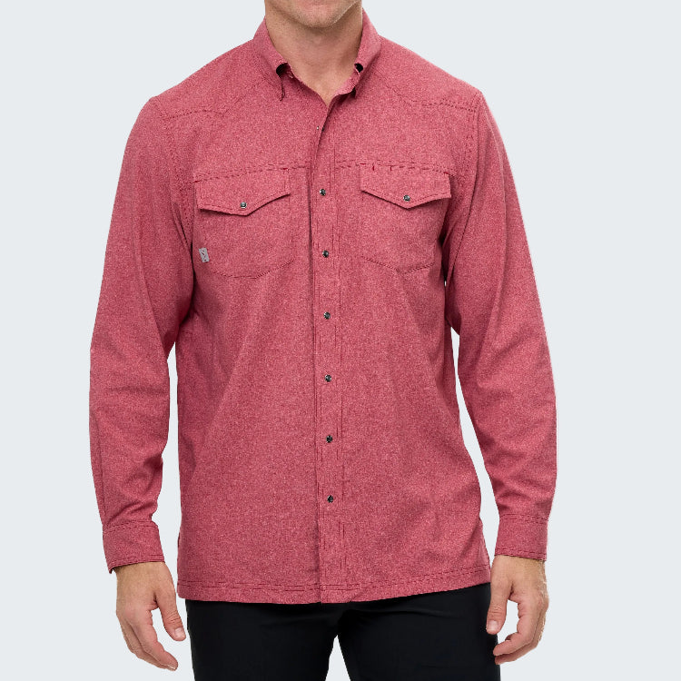 Red button-up shirt worn by a person on a white background