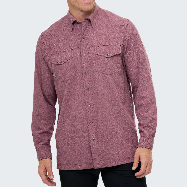 Mauve button-up shirt worn by a person on a white background