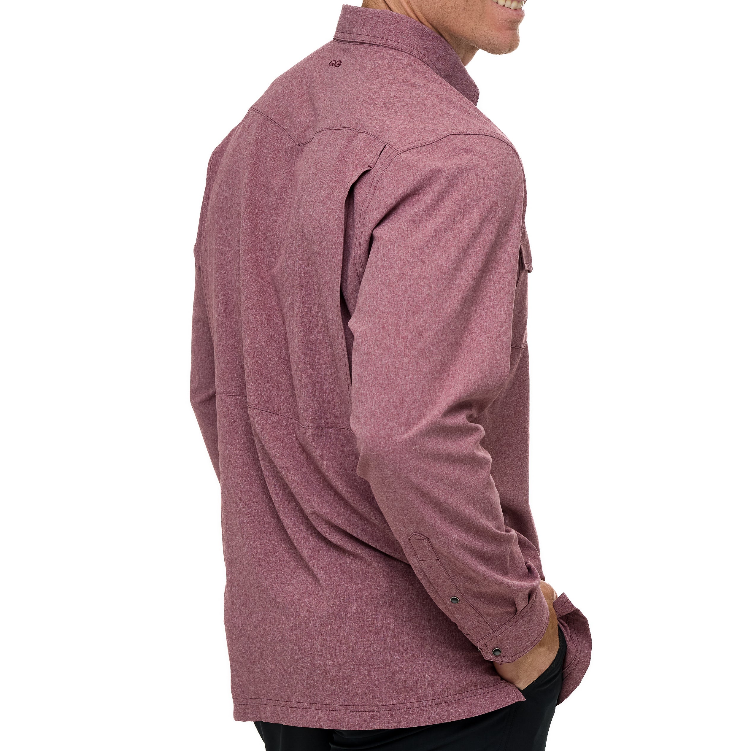 Mauve long-sleeve shirt worn by a person on a white background