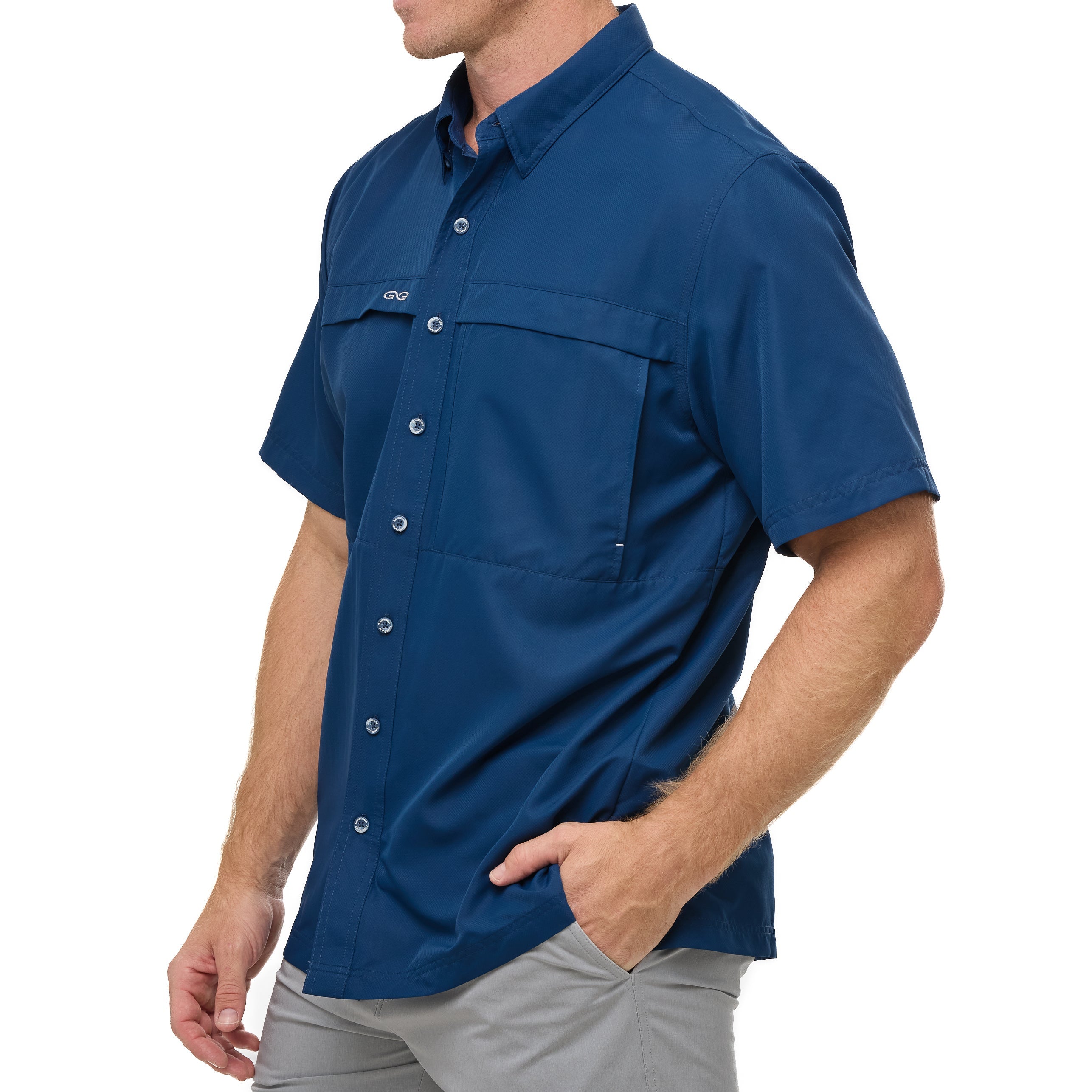 Man wearing a blue short-sleeve shirt on a white background