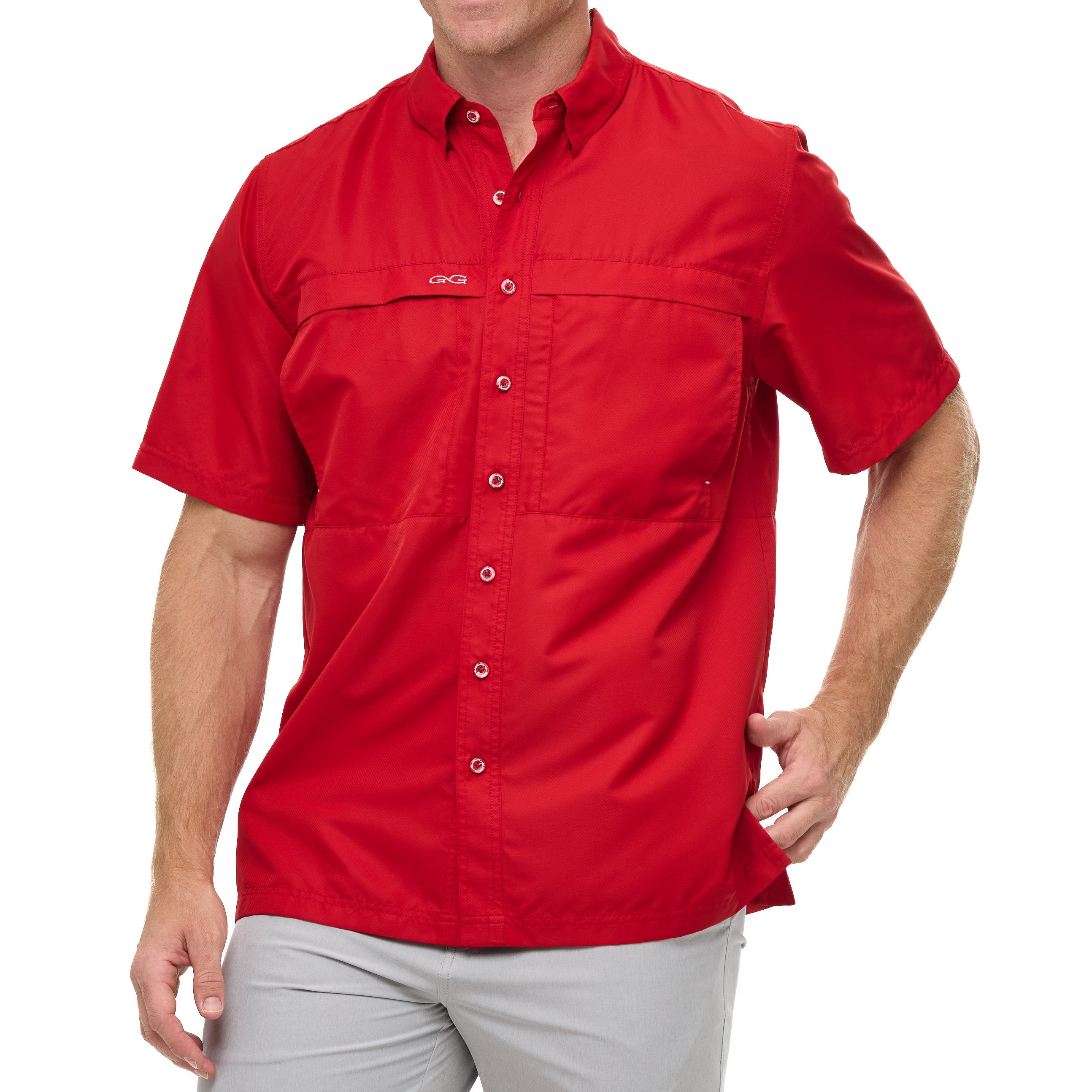 Man wearing a red short-sleeve shirt on a white background