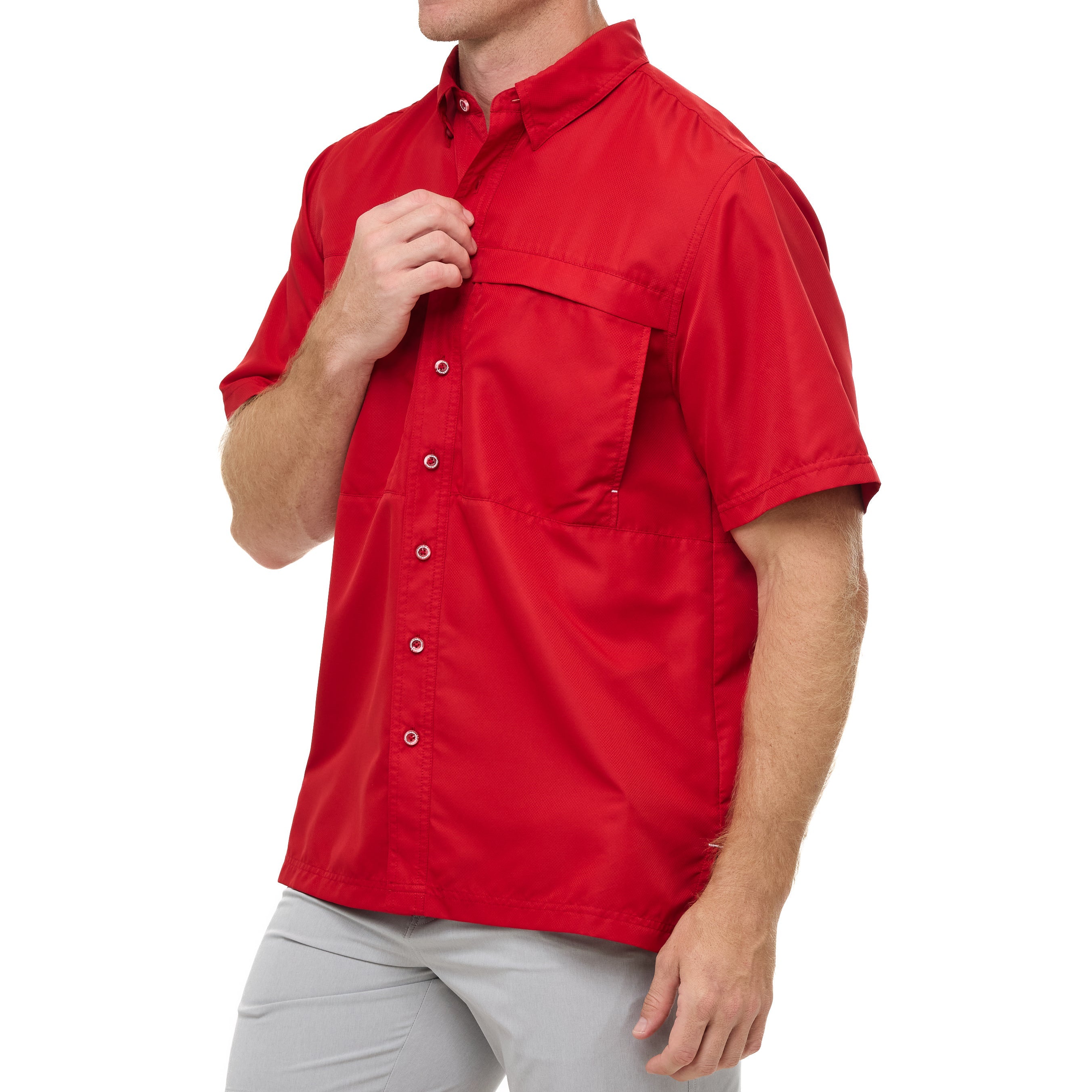 Red short-sleeve shirt worn by a person on a white background